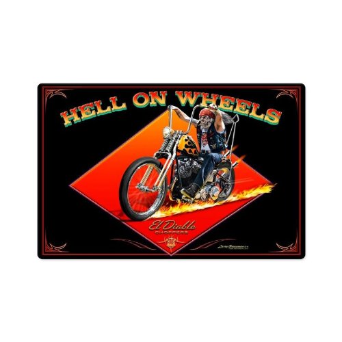 Larry Grossman Hell On Wheels Vintage Metal Sign – Authentic Made in USA Heavy Gauge Steel Wall Decor for Man Cave, Garage, or Retro Bar