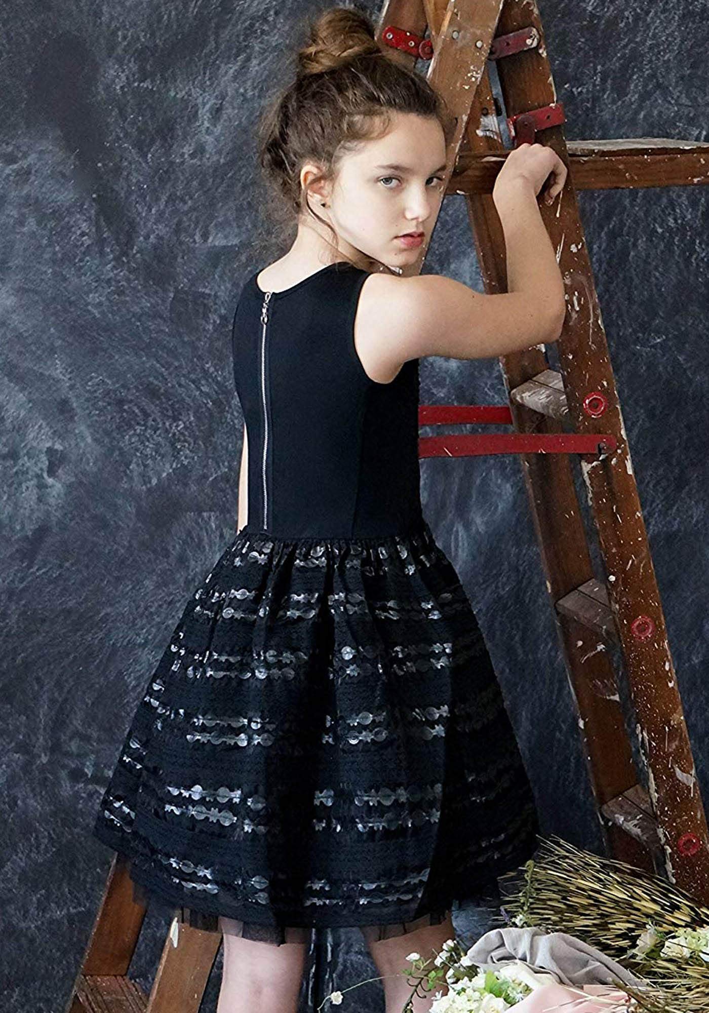Hannah Banana Big Girls Tween Black Faux Leather and Lace Organza Overlay Dress - Size 10 - Perfect for Birthday Parties, School Dances, and Special Occasions