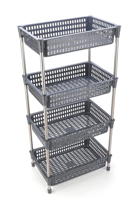 Stainless Steel & Plastic 4-Tier Kitchen Organizer Shelf - Multi-Purpose Fruit & Vegetable Storage Rack for Pantry, Living Room & Office (Grey, Space-Saving Design) - Perfect for Small Spaces & Home Organization