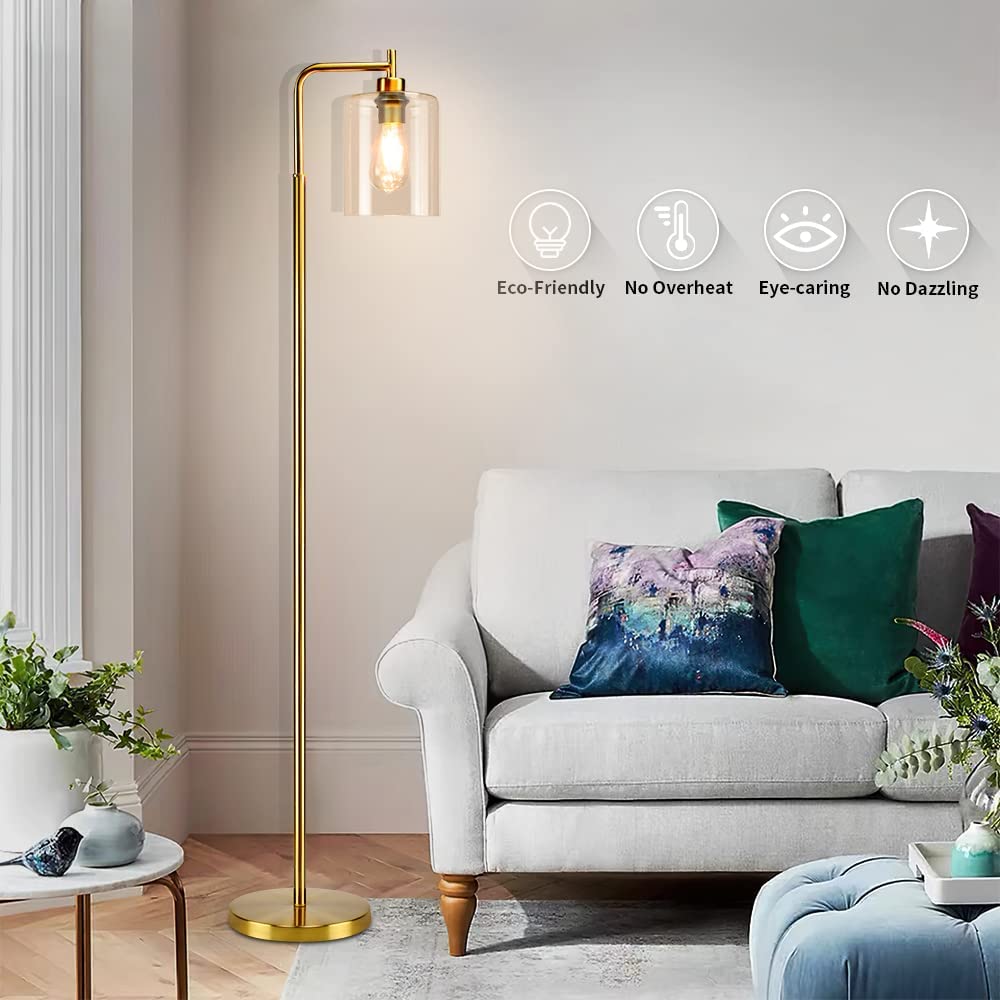 Modern Farmhouse Floor Lamp - Tall Metal Reading Light with Hanging Glass Shade, Industrial Standing Pole Lamp in Brass Finish for Living Room, Bedroom & Office (Bulb Included) | Perfect for Cozy Reading Nooks, Home Office Lighting & Bedside Illumination