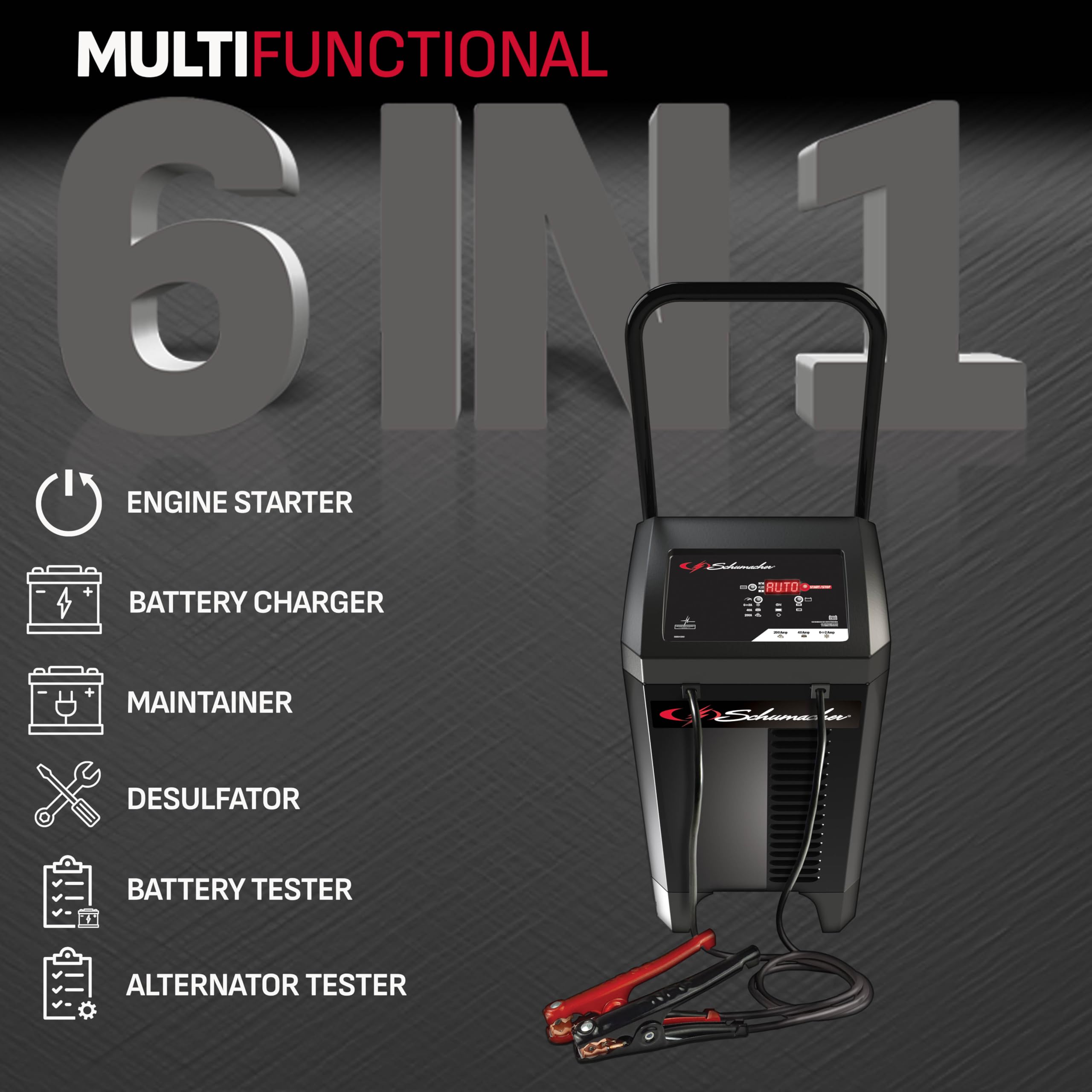 Schumacher SC1353 6-in-1 Fully Automatic Wheeled Battery Charger & Engine Starter - 200 Cranking Amps, 40A Boost, 6V/12V for Cars, Trucks, Marine Batteries - Perfect for Garage, Roadside Emergencies & Boat Maintenance