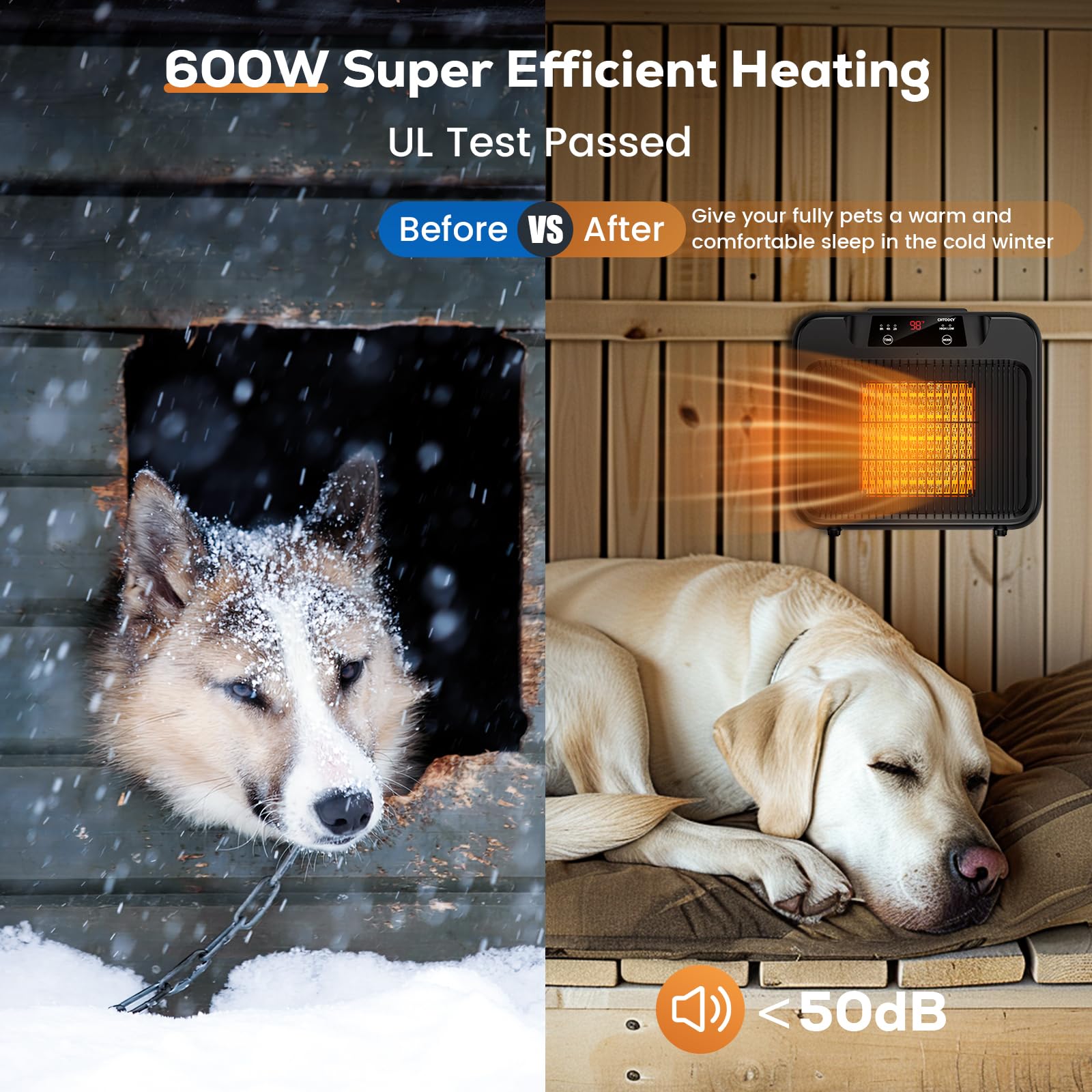 600W Dog House Heater with Timer (2/4/8 Hours) - Outdoor Pet Heater for Winter, Electric Kennel Heater for Dogs, Cats, Livestock & Chicken Coops - 2 Modes (300W/600W) - Perfect for Cold Weather Pet Shelter & Farm Animal Warmth