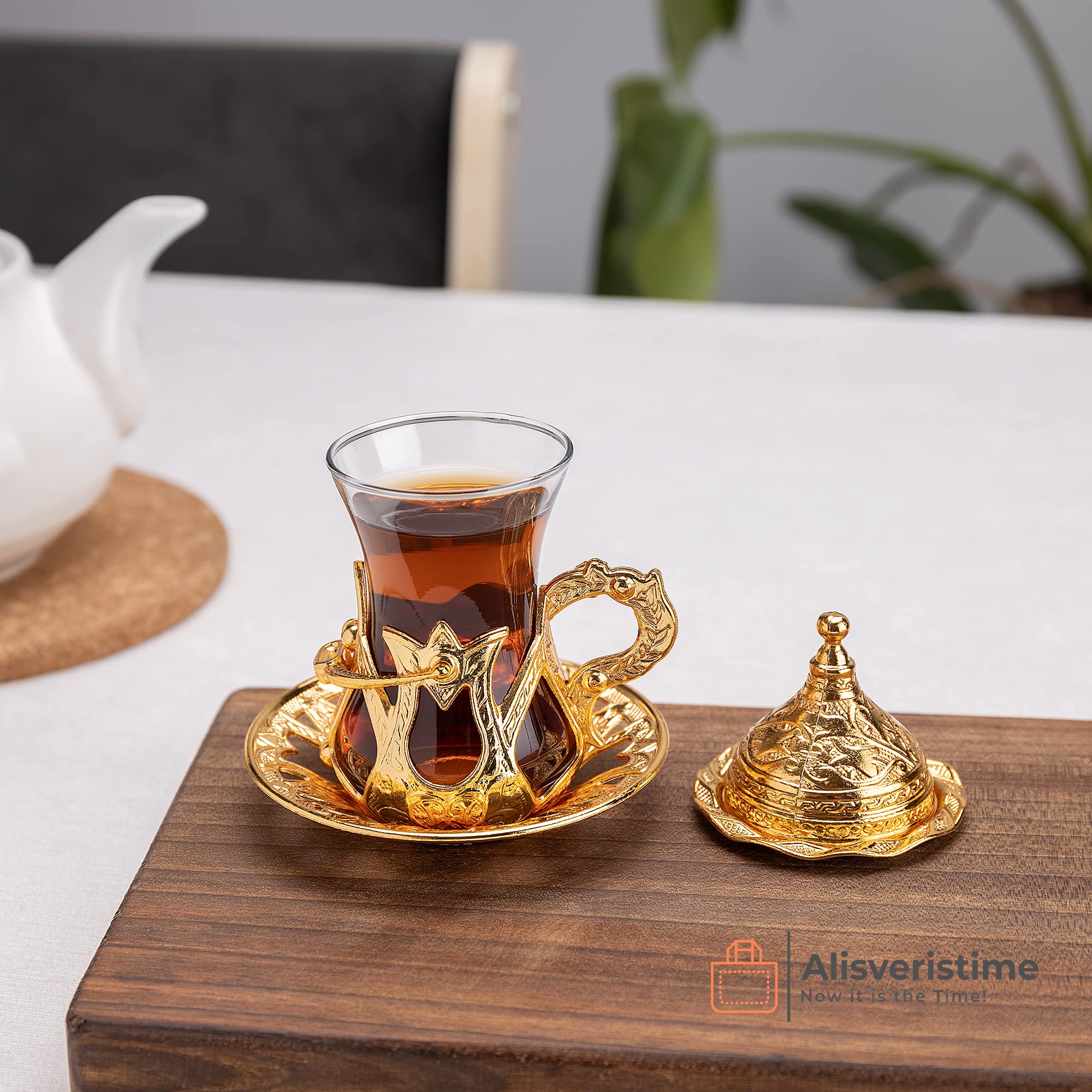 Handmade Turkish Tea Set with Zamzam Water Glasses, Saucer, Tray & Gold Spoon - Traditional Serving Set for Afternoon Tea, Home Decor & Gift Giving