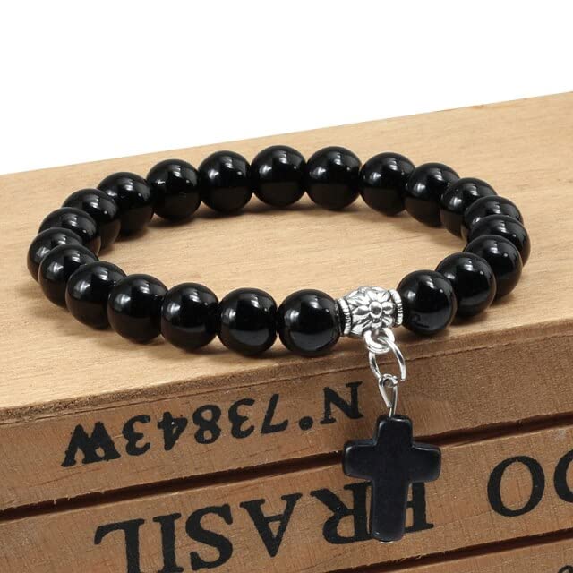 TTNDstore Natural Stone Cross Beaded Bracelet - Black Lava Rock & Onyx Stretch Strand Prayer Jewelry for Women & Men - Perfect for Daily Wear, Meditation & Spiritual Gifts