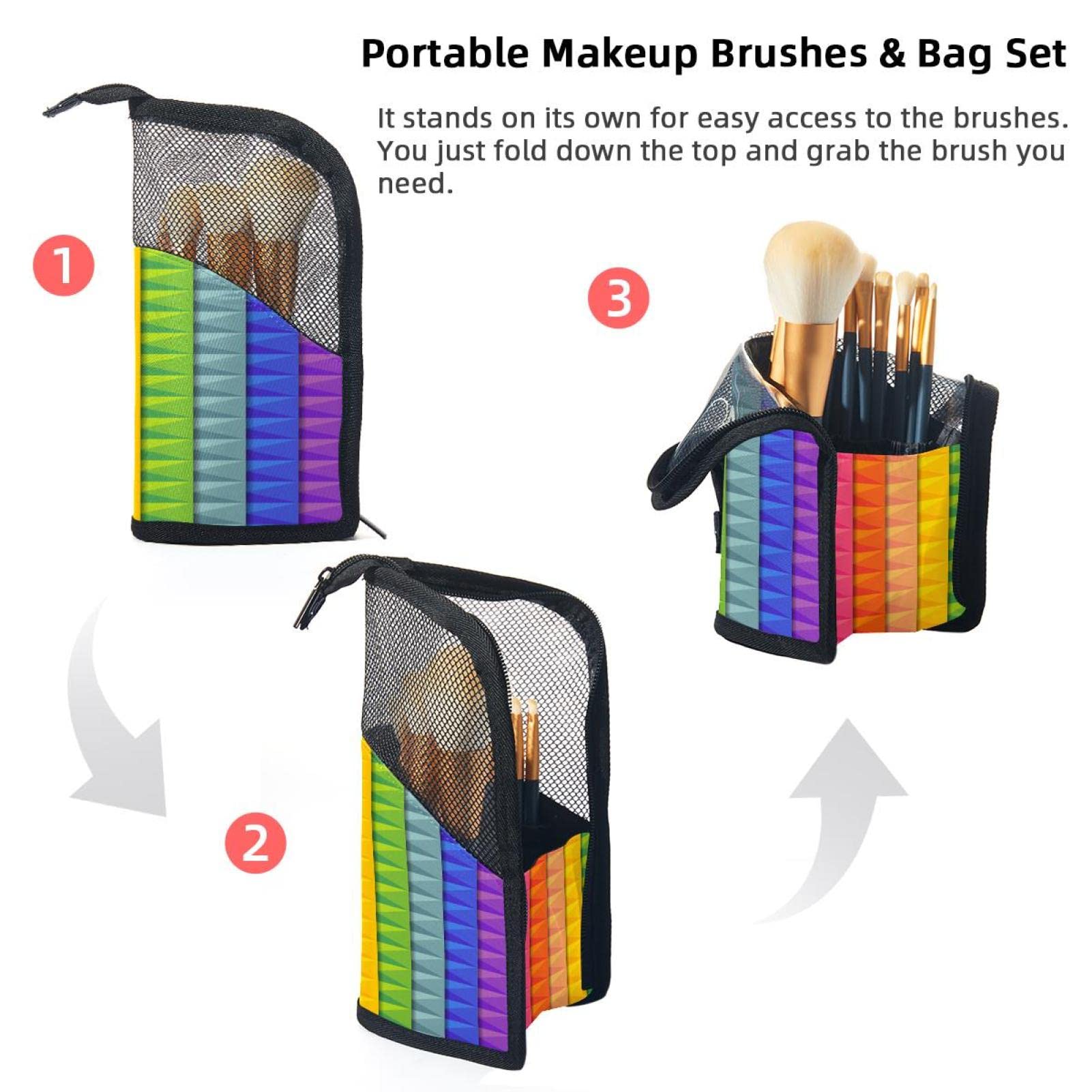 12-Piece Makeup Brush Organizer Bag with Abstract Rainbow Stripes Design - Portable Cosmetic Brush Holder Case for Travel & Home Storage - Perfect for Makeup Artists & Beauty Enthusiasts
