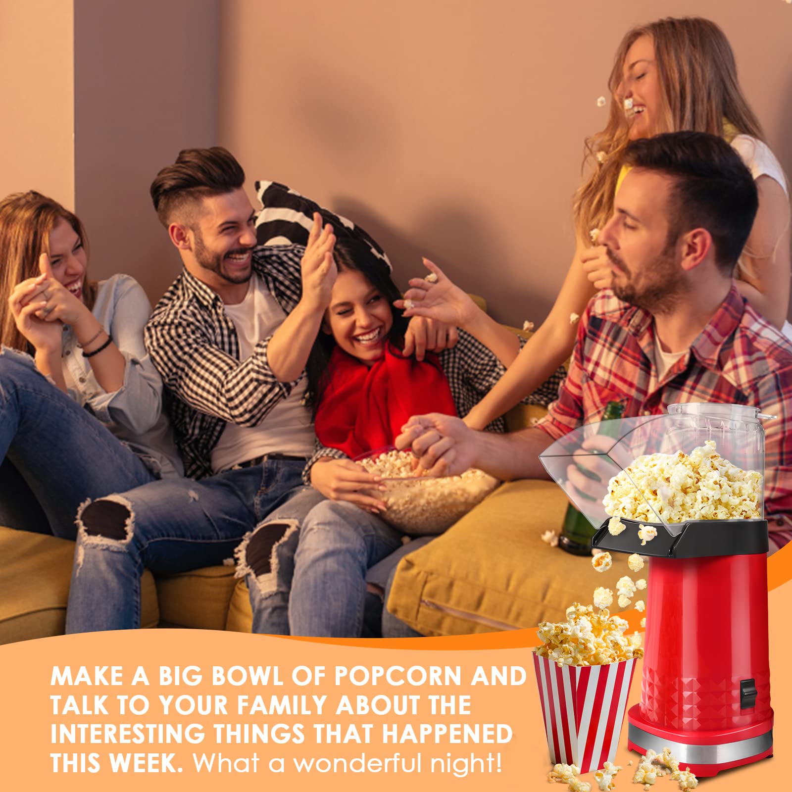 1200W Electric Hot Air Popcorn Maker Machine - Fast 3-Minute Oil-Free Popper with Measuring Cup & Removable Lid - Perfect for Home Movie Nights, Family Gatherings, Parties & Gifts (Red)