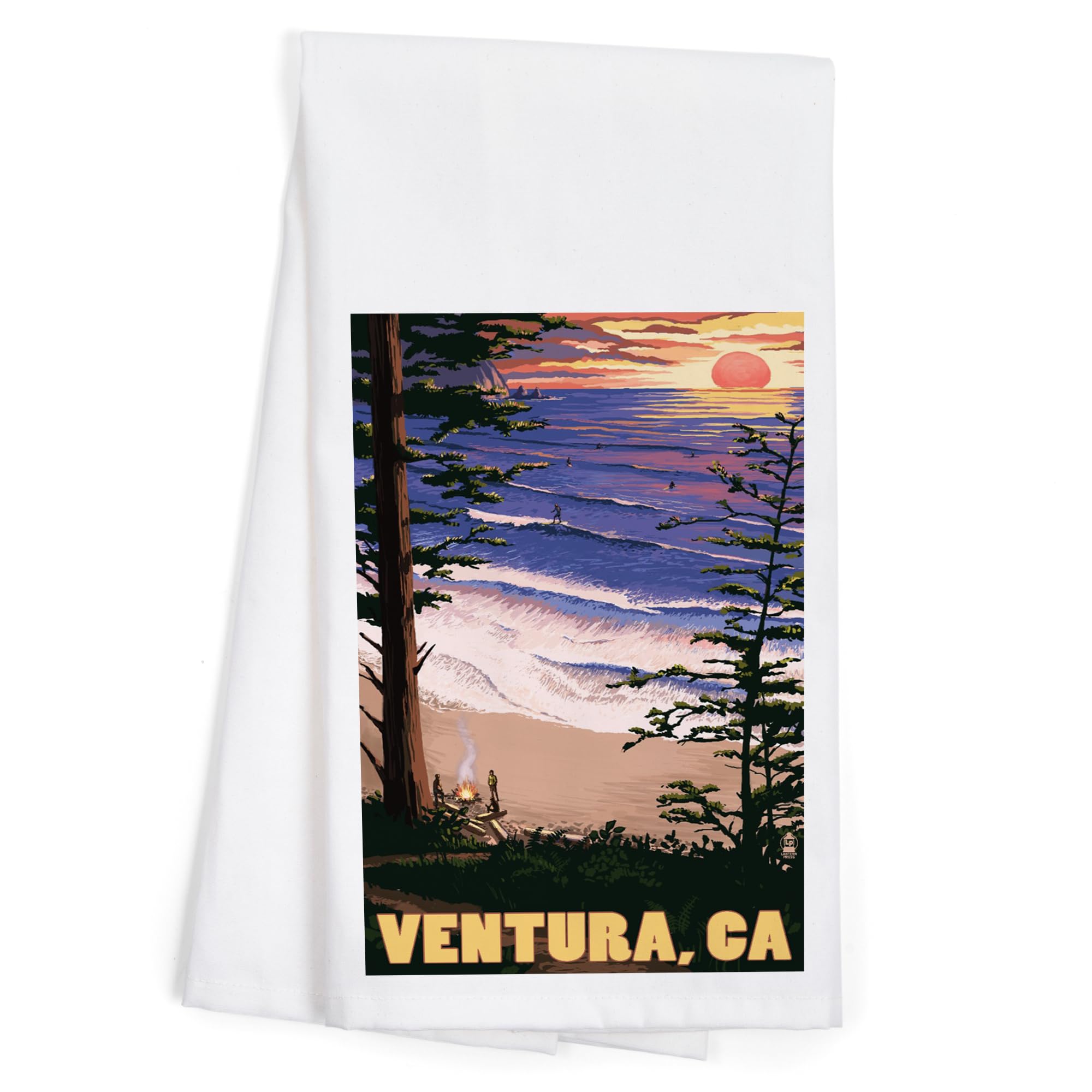 Lantern Press Ventura California Surfing Sunset Tea Towel - 100% Cotton Decorative Hand Towel for Kitchen & Home - Perfect for Beach House Decor, Coastal Kitchen, and Gift Giving