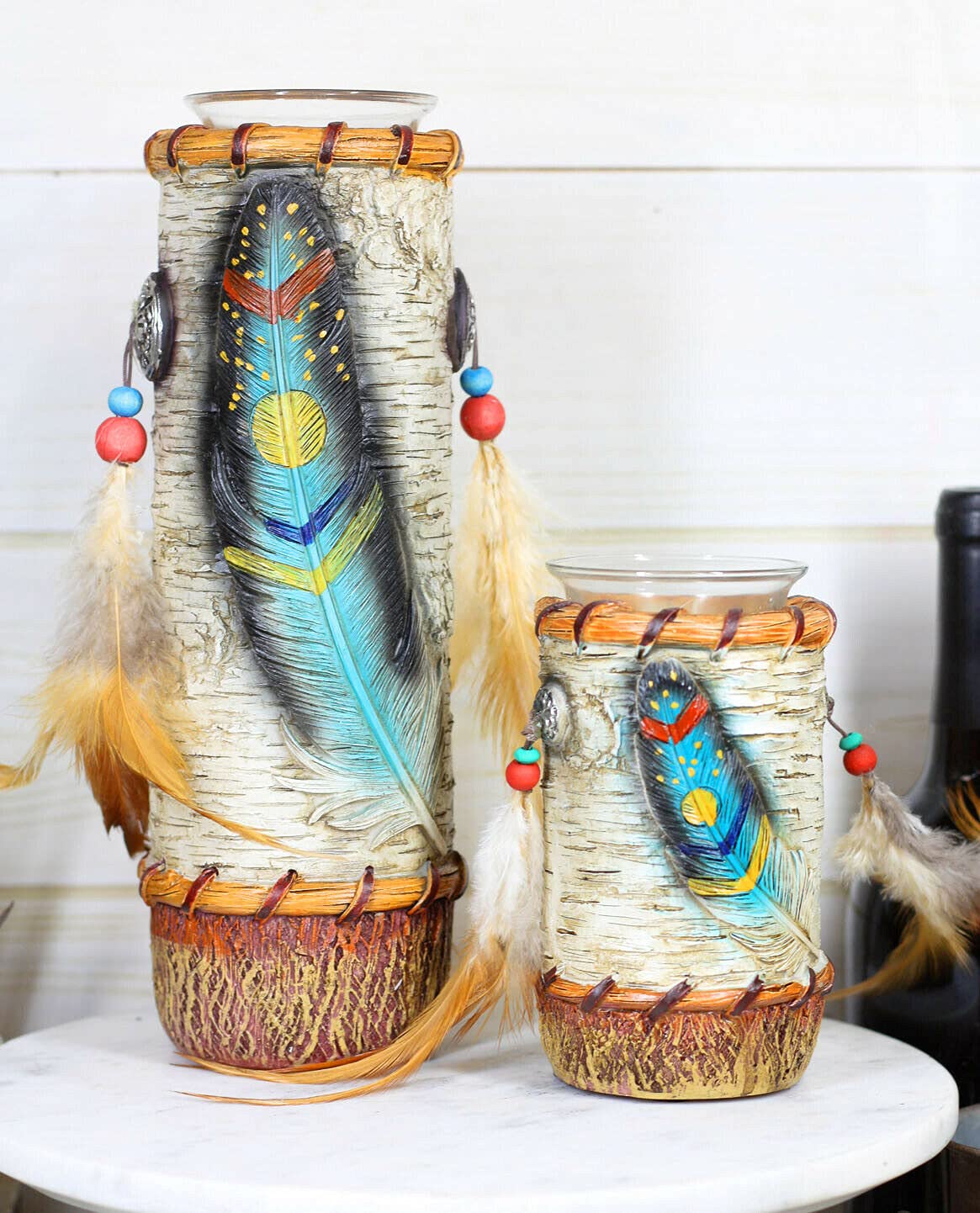 Southwestern Dreamcatcher Turquoise Feather Tea Light Votive Candle Holders Set - Handmade Boho Decor for Bedroom, Living Room, Wedding & Meditation Spaces