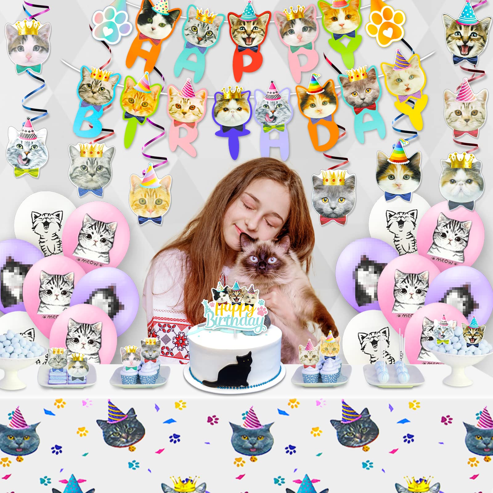 Cat Birthday Party Decorations Set - Includes Backdrop, Banner, Hanging Swirls, Cake Topper & Tablecloth for Kitten Themed Celebrations | Perfect for Girl's Birthday, Kitty Shower & Pet Lover Events
