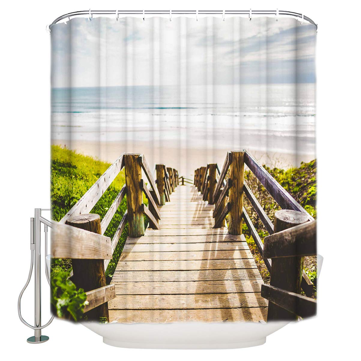 60x72 Inch Waterproof Polyester Shower Curtain - Tropical Beach Seaside Design with Rustic Wood Bridge & Hooks Included | Bathroom Decor for Coastal, Nautical & Vacation Home Themes