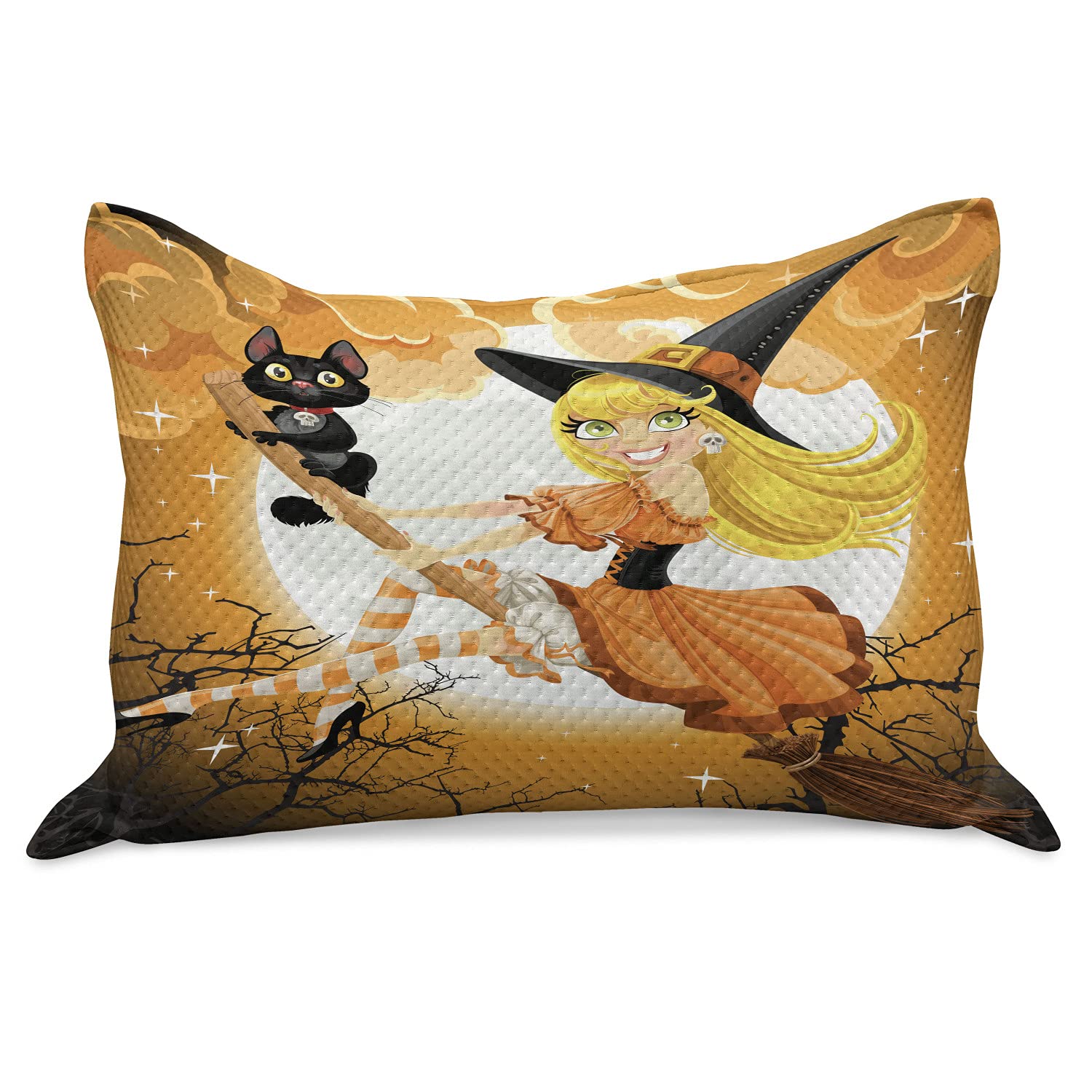 Ambesonne Halloween Knitted Quilt Pillow Cover - Witch on Broom with Kitten & Moonlight Design, Standard King Size 36x20 Inch, Multicolor - Perfect for Spooky Bedroom Decor & October Holiday Festivities
