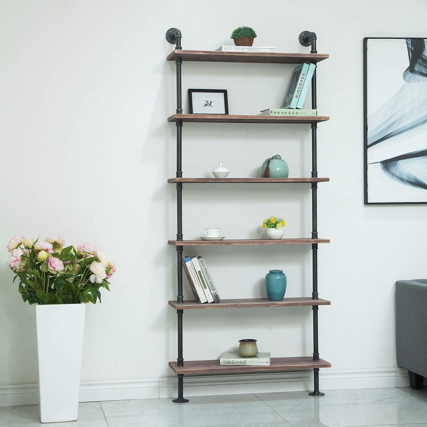 Industrial Pipe Shelving - 6-Tier Rustic Modern Wood Ladder Storage Shelf | Wall Mount Pipe Design DIY Bookshelf (24 Inch) for Living Room, Bedroom & Office Organization