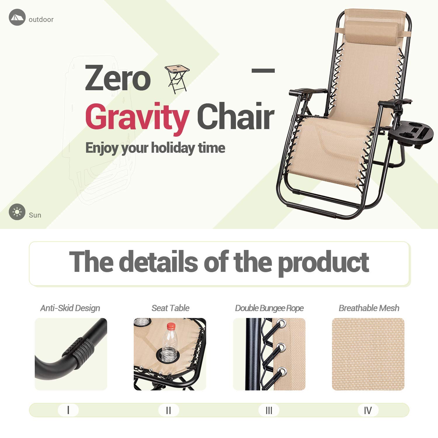 Homall 3-Piece Zero Gravity Lounge Chair Set - Patio Folding Recliner with Side Table, Outdoor Chaise Lounge Chairs for Backyard, Poolside & Beach Relaxation (Beige)