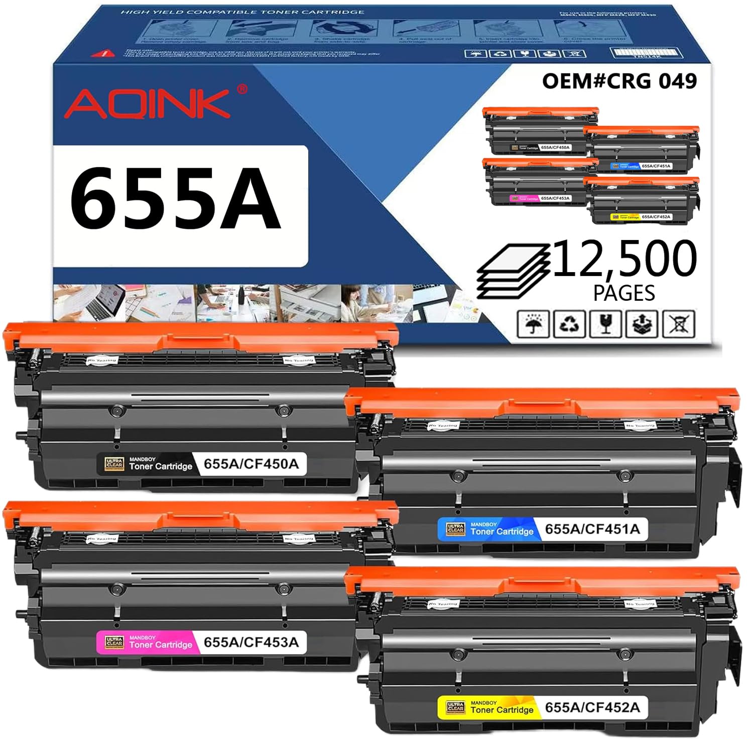 High-Quality 655A Toner Cartridge Replacement for HP 655A CF450A CF451A CF452A CF453A - Compatible with HP Color Enterprise M652, M653, MFP M681, M682 Series Printers (4-Pack, BCMY) - Perfect for Office Printing, Business Documents, and High-Volume Color Printing