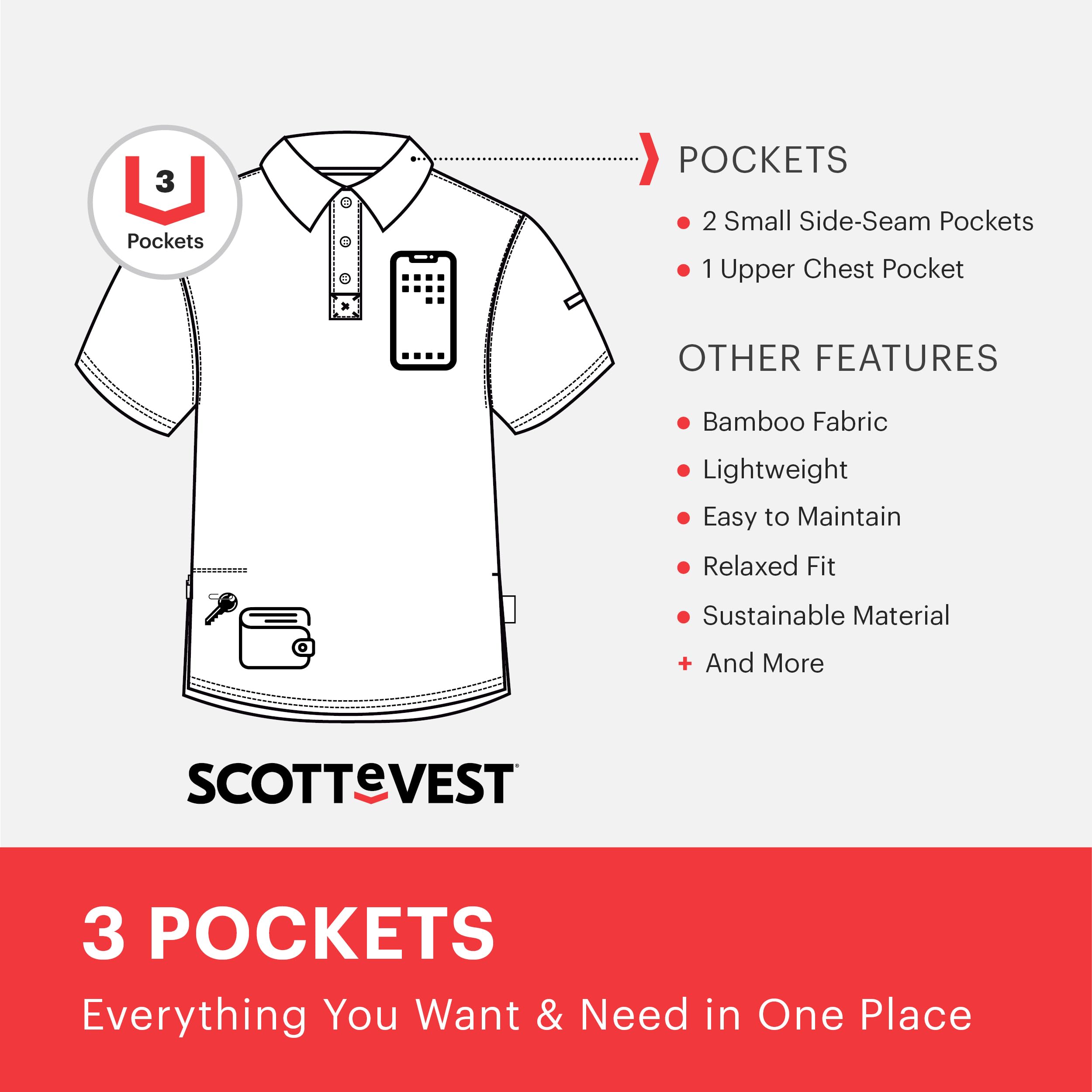 SCOTTeVEST Men's Travel Polo Shirt with 3 Hidden Pockets - Moisture Wicking & Breathable Performance Shirt for Outdoor, Business, Golf & Casual Wear