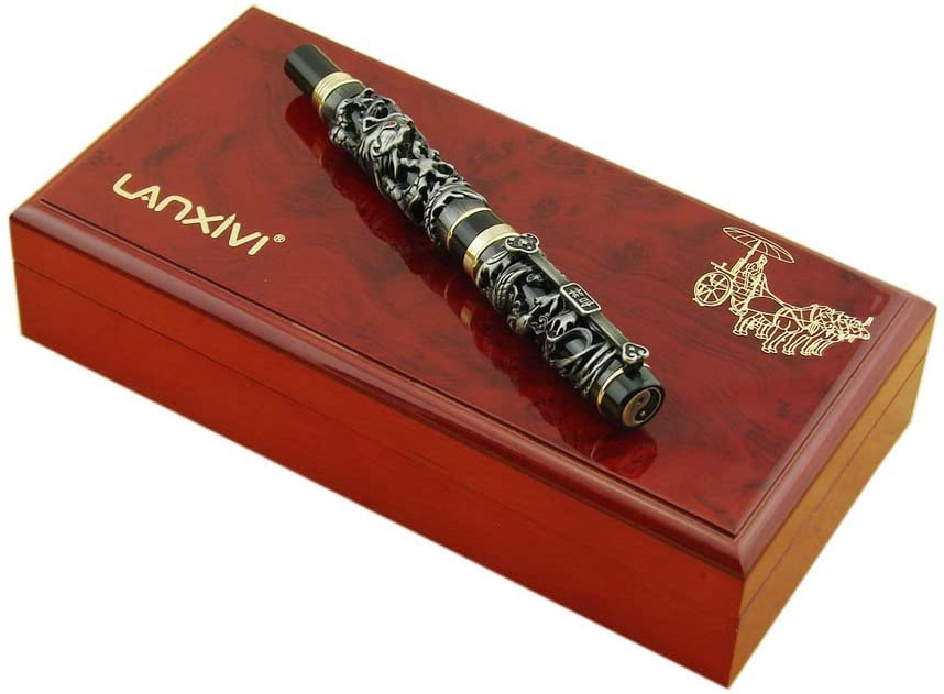 Jinhao Dragon Phoenix Fountain Pen Set - Vintage Black Fude Bent Nib Luxury Writing Pen with Gift Case | Perfect for Calligraphy, Journaling & Collectors