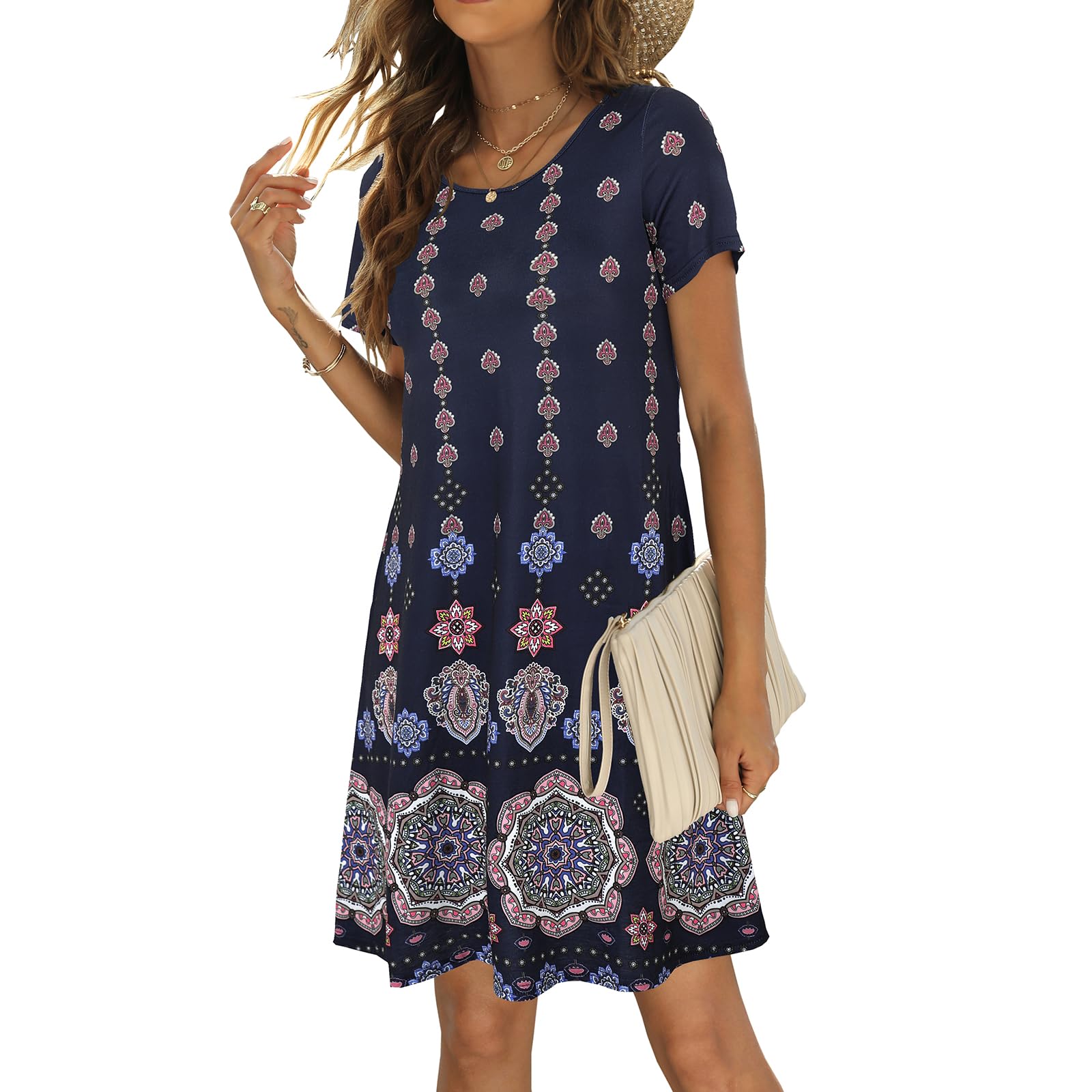 Sherosa Women's Summer Dresses 2025 - Boho Beach Sundress with Pockets, Short Sleeve Loose Fit Casual T-Shirt Dress for Vacation, Travel, and Outdoor Activities