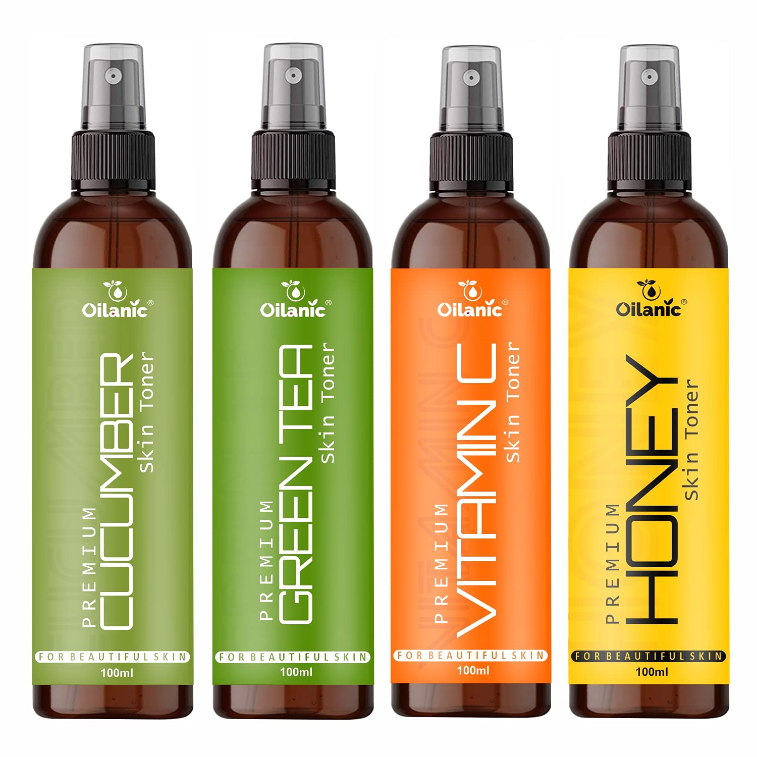Oilanic Premium Cucumber, Green Tea, Vitamin C & Honey Facial Toner for Men & Women - Hydrating, Brightening & Soothing Skincare (4 x 100ml/3.4oz) - Perfect for Daily Skincare Routine & Travel
