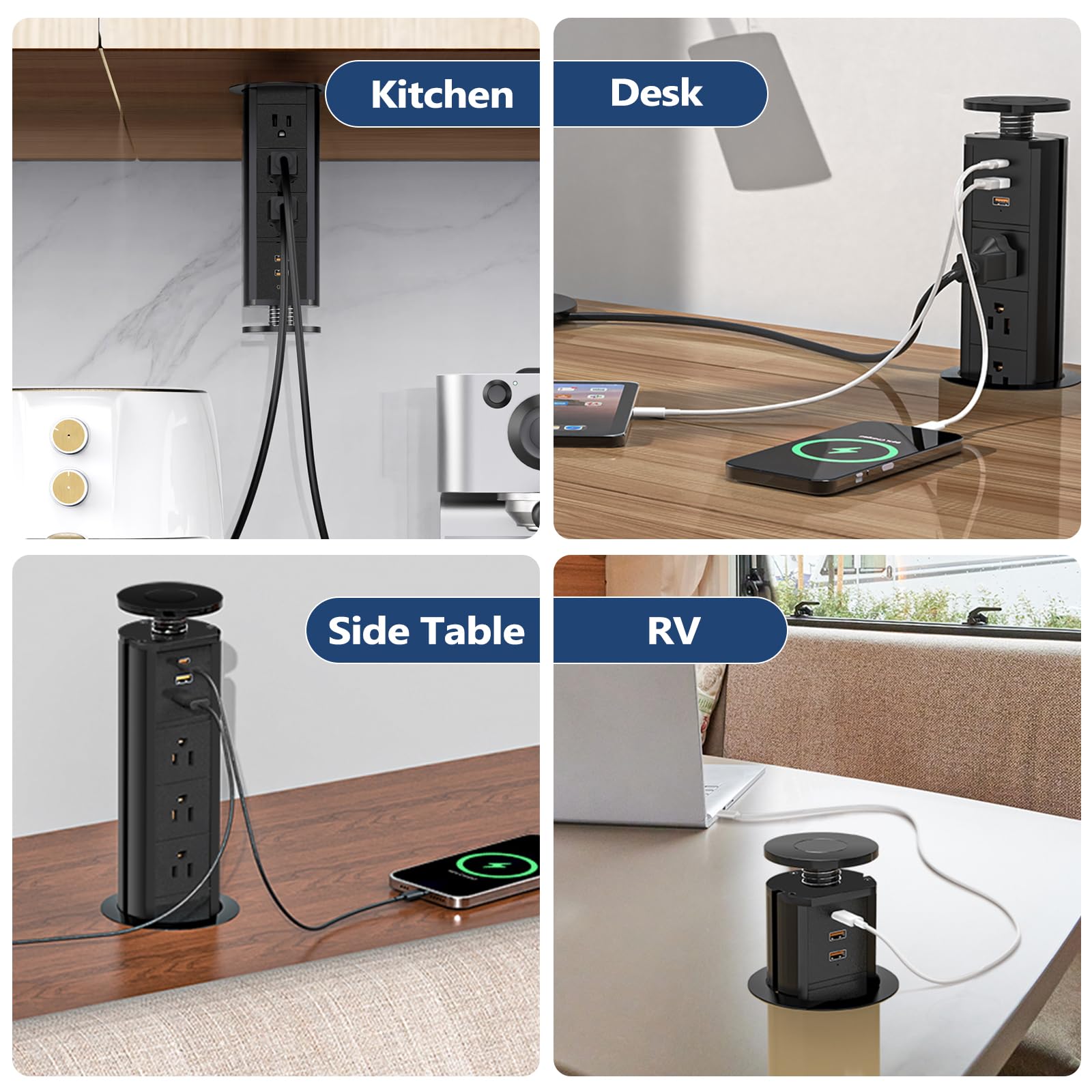 BTU Pop Up Outlet with 3 AC Outlets & 3 USB Ports (2 USB-A + 1 USB-C) - Hidden Countertop Power Outlet for Kitchen, Office & Conference Room - Space Saving Electrical Solution for Home & Workplace