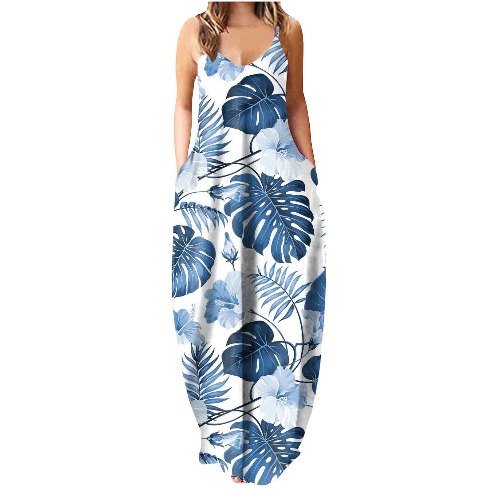 Floral Print V-Neck Sleeveless Maxi Dress for Women - Boho Summer Beach Dress with Pockets & Adjustable Straps | Perfect for Vacation, Casual Outings & Seaside Getaways