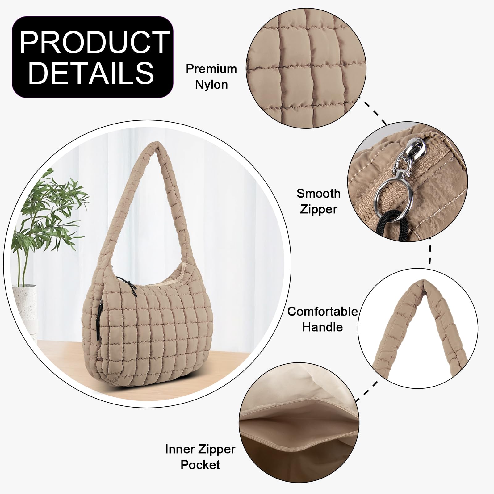 Quilted Puffer Crossbody Bag for Women - Large Lightweight Tote Shoulder Bag with Padding, Hobo Carryall Purse for Gym, Work & Travel | Casual Outfits, Daily Commute & Shopping