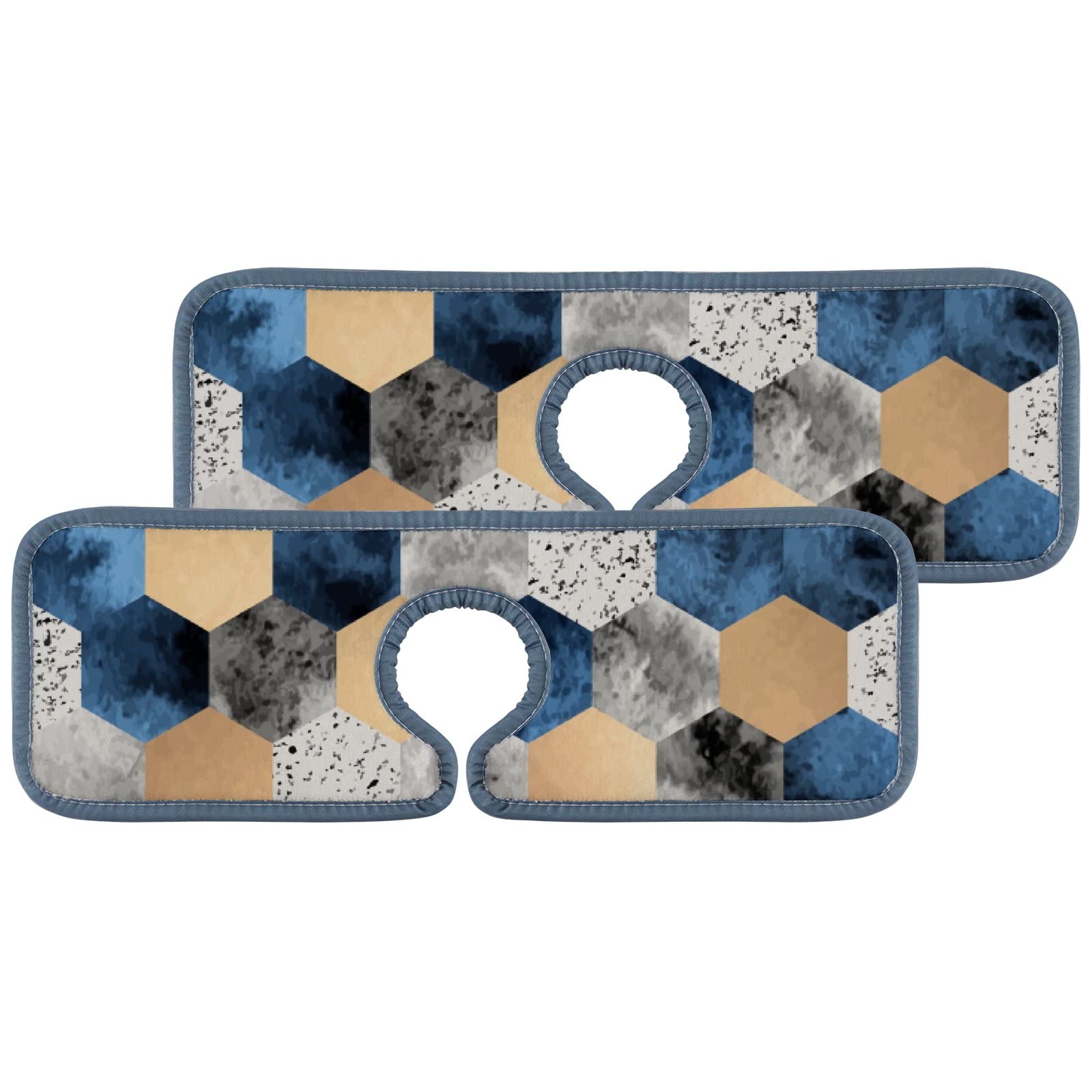 2-Pack Absorbent Faucet Drying Mat Set - Non-Slip Kitchen & Bathroom Sink Protector, Gold Gray Blue Marble Design | Water Splash Guard & Drip Catcher for Countertops (Perfect for RV, Home & Office Use)