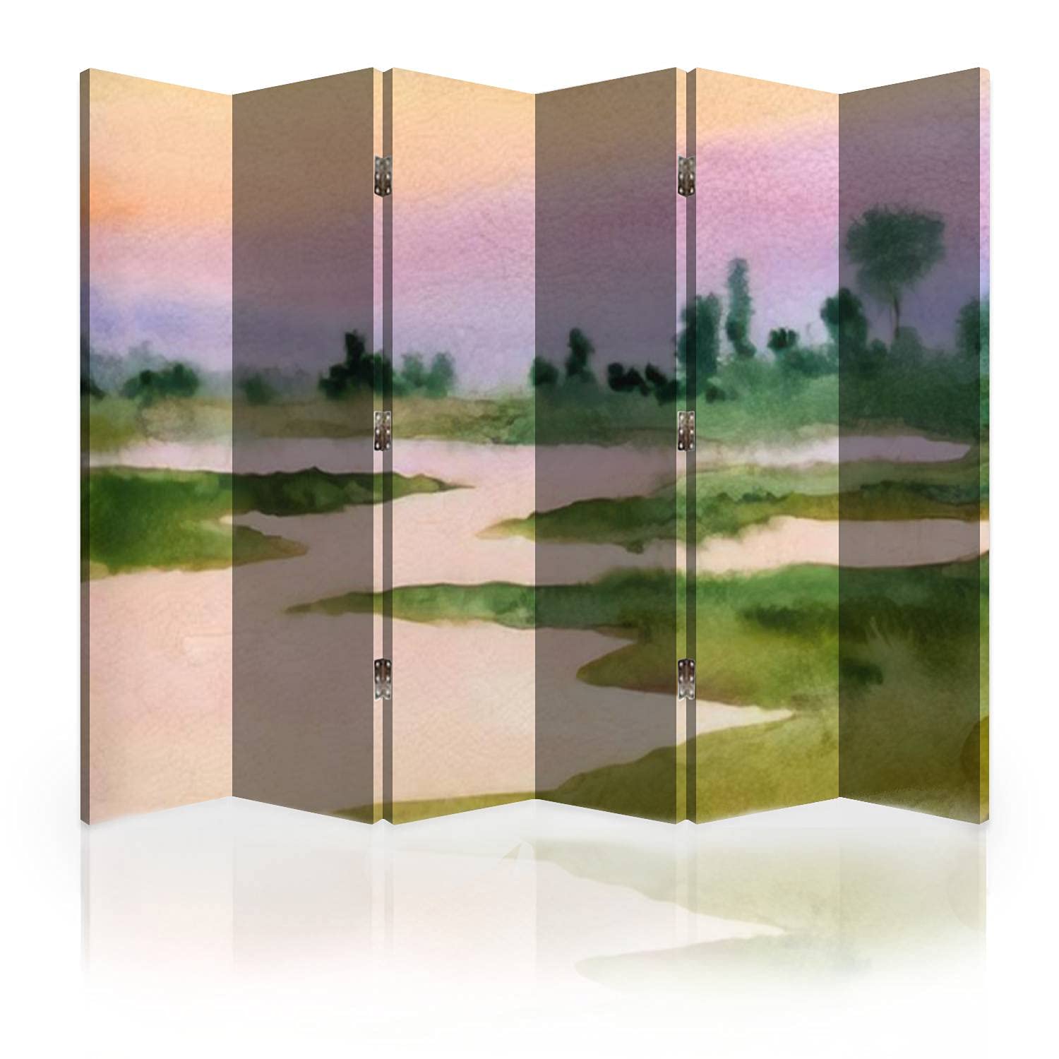 6-Panel Canvas Room Divider Screen - Hand-Painted Watercolor Landscape Privacy Partition for Bedroom, Office & Studio | Foldable Wall Separator with Wet Paper Texture Backdrop | Home Decor & Space Divider