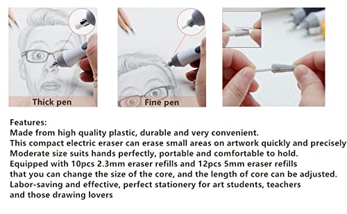 Electric Eraser Kit - Battery Operated Automatic Pencil Eraser with 20 Refills - Detailer Tool for Artists, Sketching, Drafting & Graphite Pencils (White) - Perfect for Art Projects, Technical Drawings & School Work