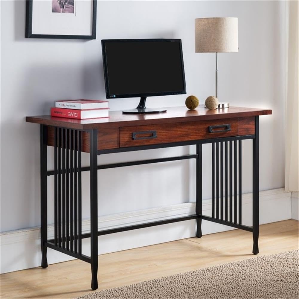 BOWERY HILL Ironcraft Mission Oak Computer Desk - Home Office Workstation for Study, Gaming & Remote Work