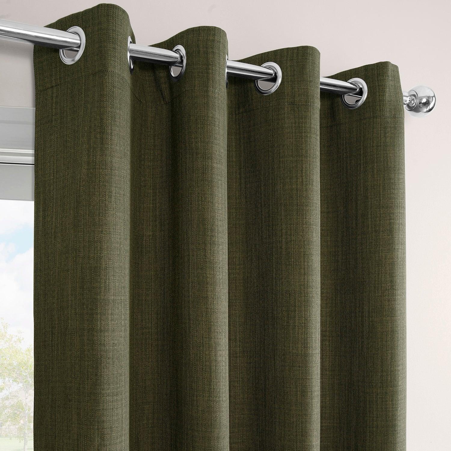 Khaki Green Grommet Textured Faux Linen Blackout Curtains for Bedroom & Living Room - Thermal Insulated Window Drapes for Home Decor and Light Blocking