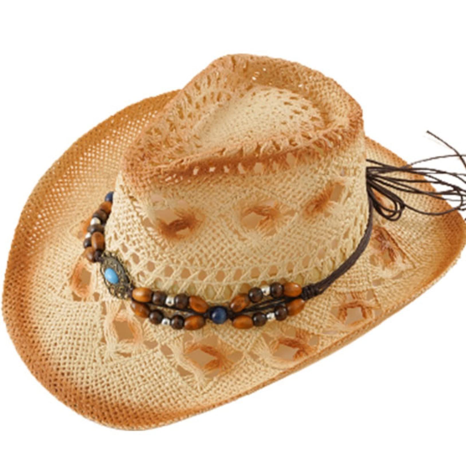 Stylish Cowboy Straw Hat with Beaded Tassel Belt - Western Sun Hat for Men & Women - Perfect for Beach Vacations, Summer Outings & Jazz Festivals