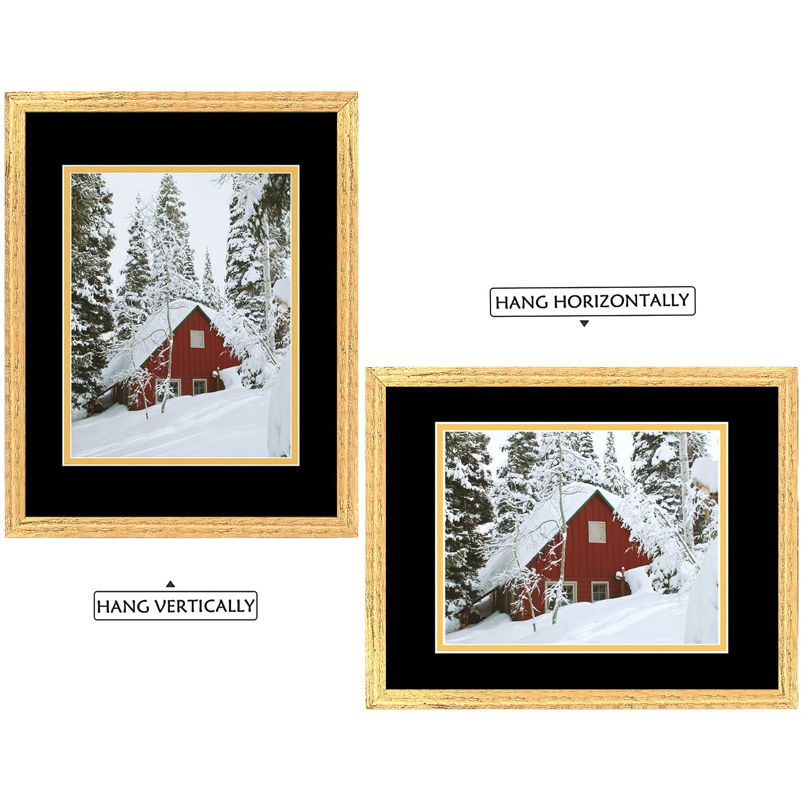 Golden State Art 11x14 Distressed Gold Wood Picture Frame with Black Over Gold Double Mat - Holds 8x10 Photos, Real Glass, Sawtooth Hangers & Back Turn Buttons - Wall Mount for Home, Office Decor (2 Pack) - Perfect for Family Portraits, Wedding Photos & Artwork Display