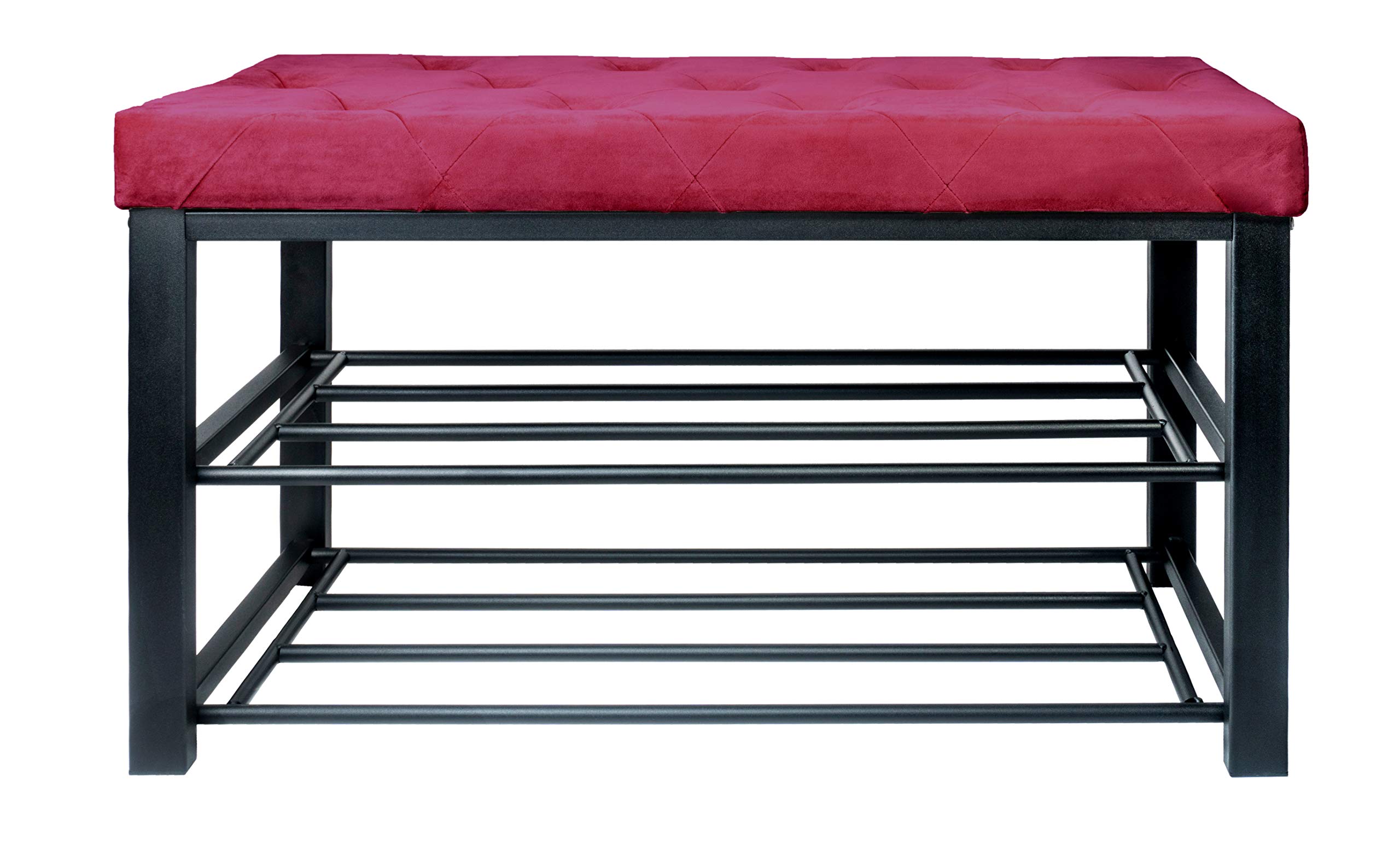 Red Co. Modern 2-Tier Shoe Rack Bench with Velvet Padded Seat - Burgundy Entryway Storage Organizer for Shoes & Accessories | Perfect for Small Spaces, Hallways & Mudrooms