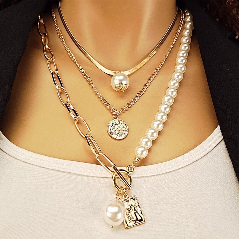 PT&TRAN Elegant Baroque Style 3-Layer Coin Choker Necklace for Women - Gold-Tone Imitation Pearl Square Pendant Chain Jewelry | Perfect for Parties, Weddings & Formal Occasions