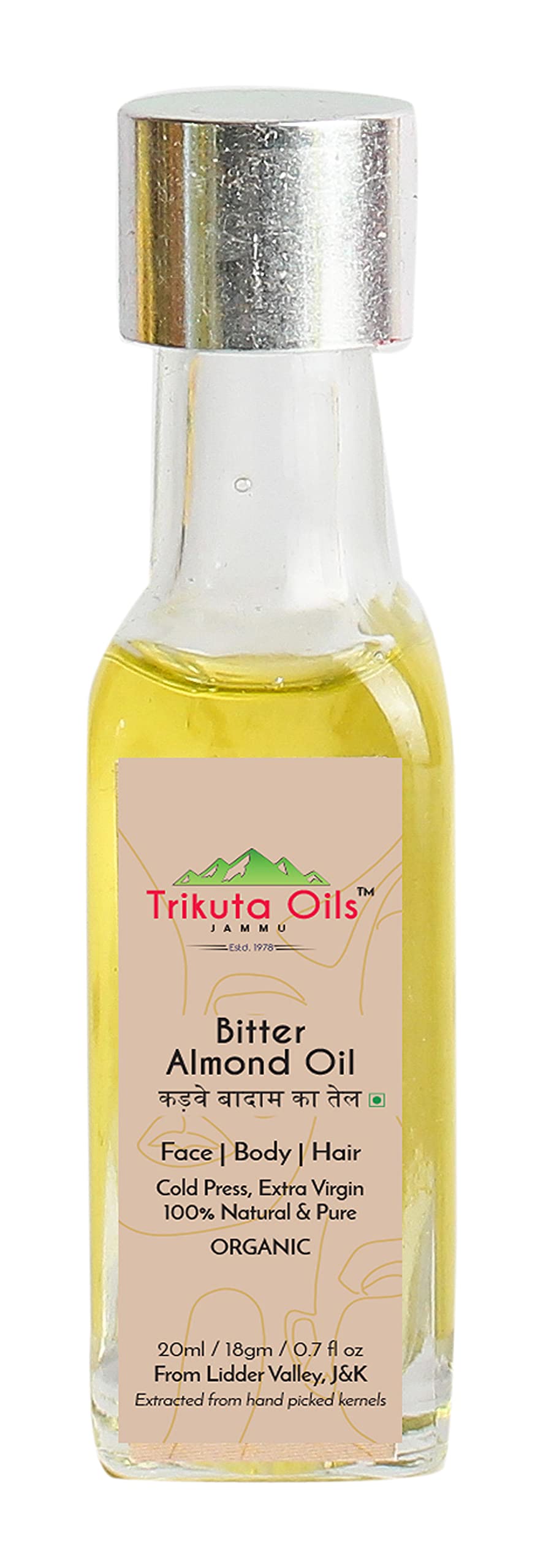 Trikuta Oils Jammu Anti-Wrinkle & Anti-Aging Bitter Almond Oil for Face & Skin Care - 100% Natural Unrefined Badam Oil Promotes Youthful Glow - Best for Dry Skin, Baby Massage & Hair Treatment (20ml) | Perfect for Daily Skincare Routine & Aromatherapy