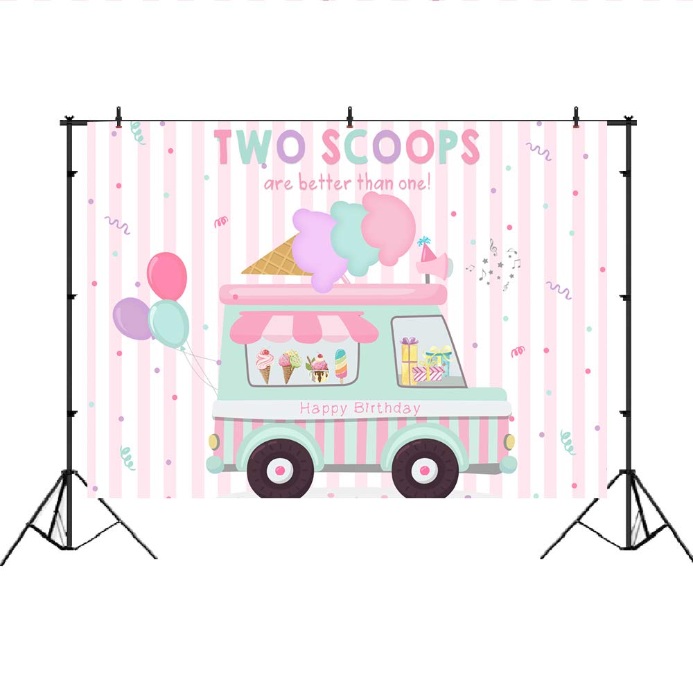 Lofaris Ice Cream Theme Party Backdrop - Pink Happy 2nd Birthday Decor for Girls, Princess Party Supplies, Two Scoops Are Better Than One Cake Table Banner (7x5ft) - Perfect for Birthday Celebrations, Baby Showers & Dessert-Themed Events
