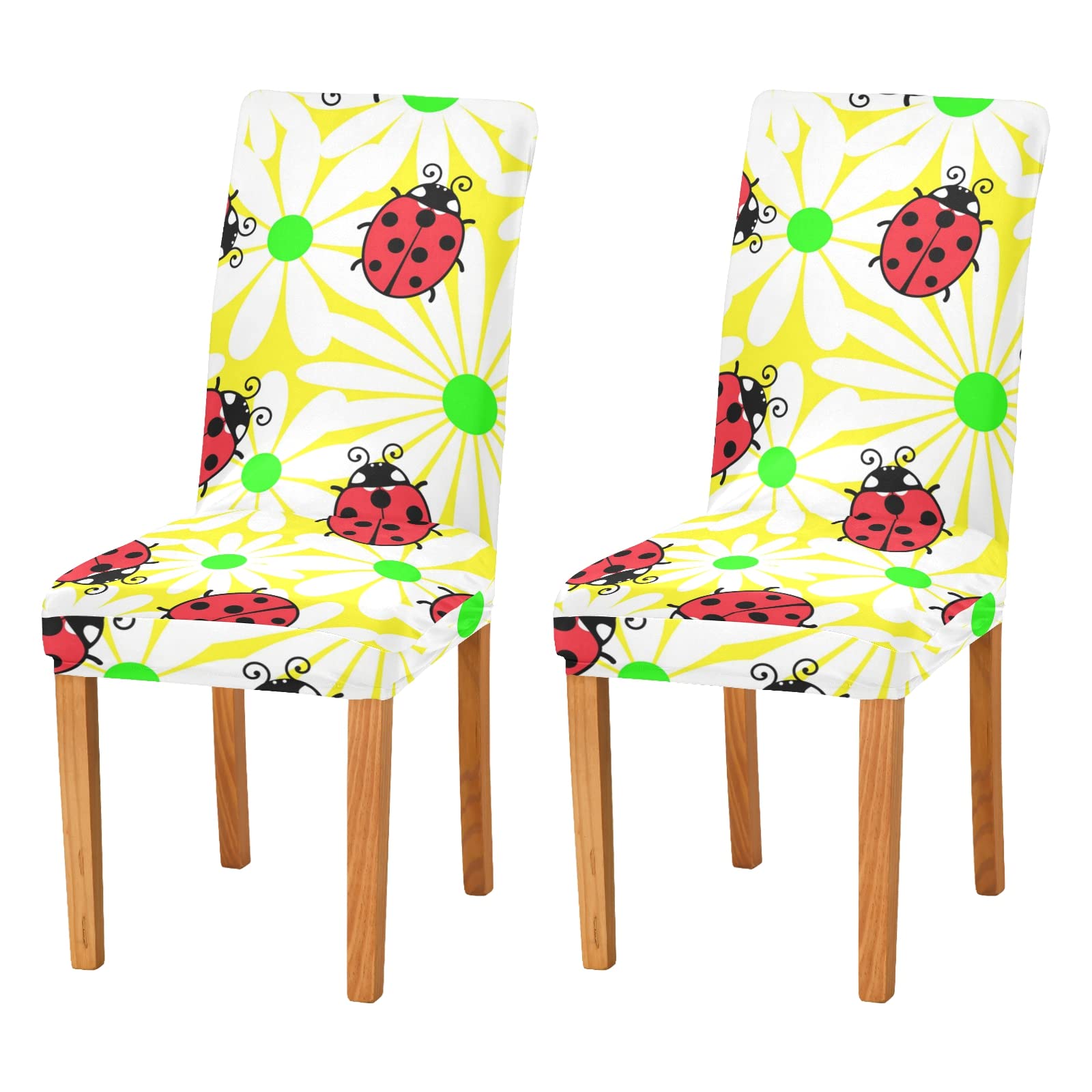 Ladybug Floral Dining Chair Covers Set of 2 - Washable & Stretchable Slipcovers for Dining Chairs - Perfect for Home, Hotel, Wedding & Office Decor