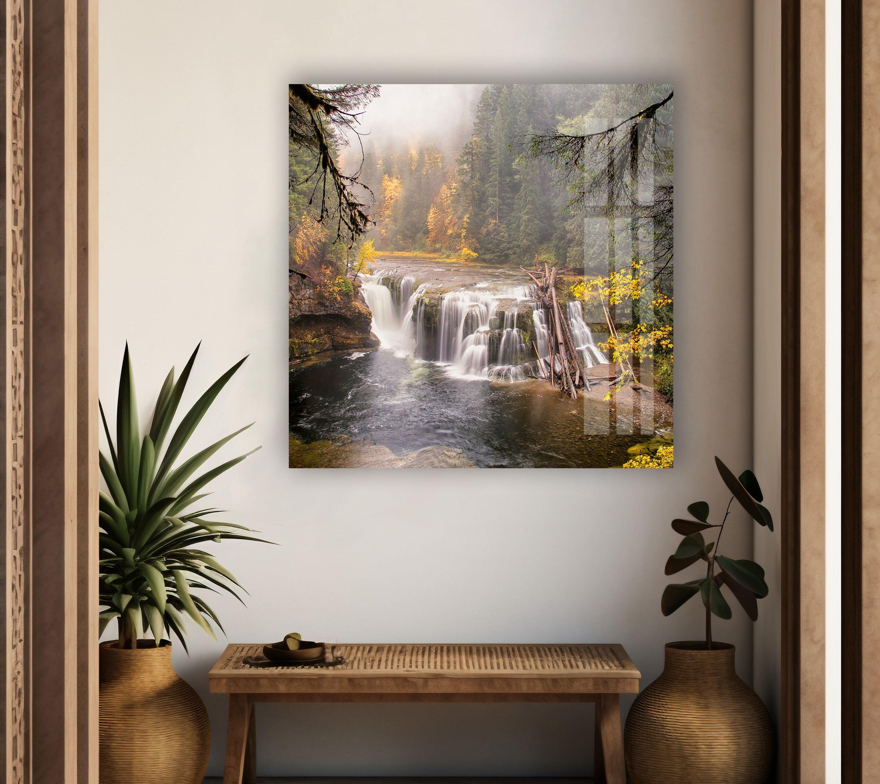Autumn Waterfall Serenity Nature Wall Art - Stunning Landscape Glass Print for Home & Office Decor - Perfect for Living Room, Bedroom or Meditation Space