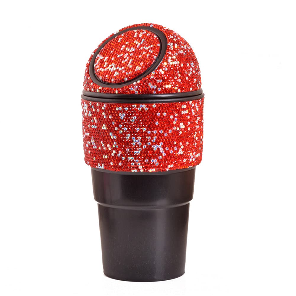 Sparkling Rhinestone Car Trash Can with Lid - Crystal Garbage Bin with Cup Holder & Storage Organizer for Vehicles, Home, Office, Kitchen & Bedroom - Perfect for Road Trips, Daily Commute & Home Organization (Red)