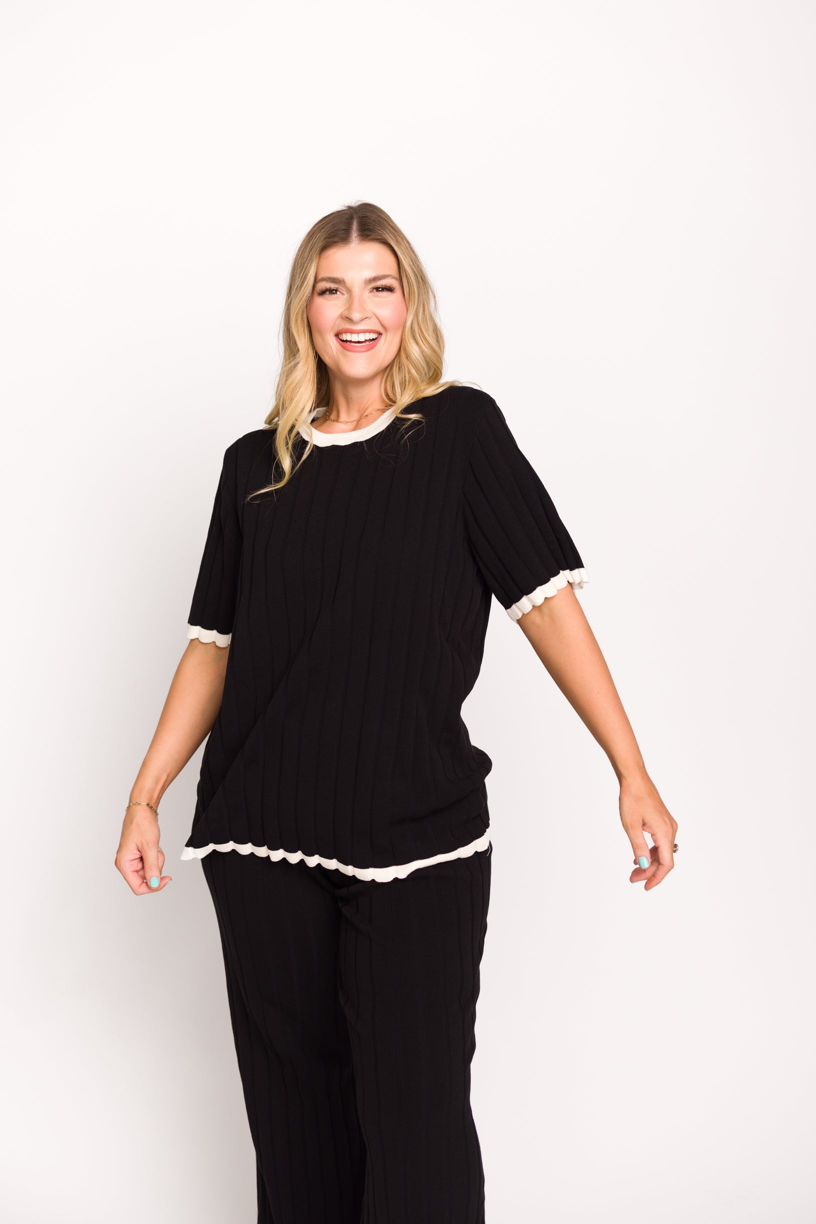 Adele Ribbed Knit Top and Pants Set - Women's Black Stretch Outfit for Casual Wear, Lounge & Fall Fashion