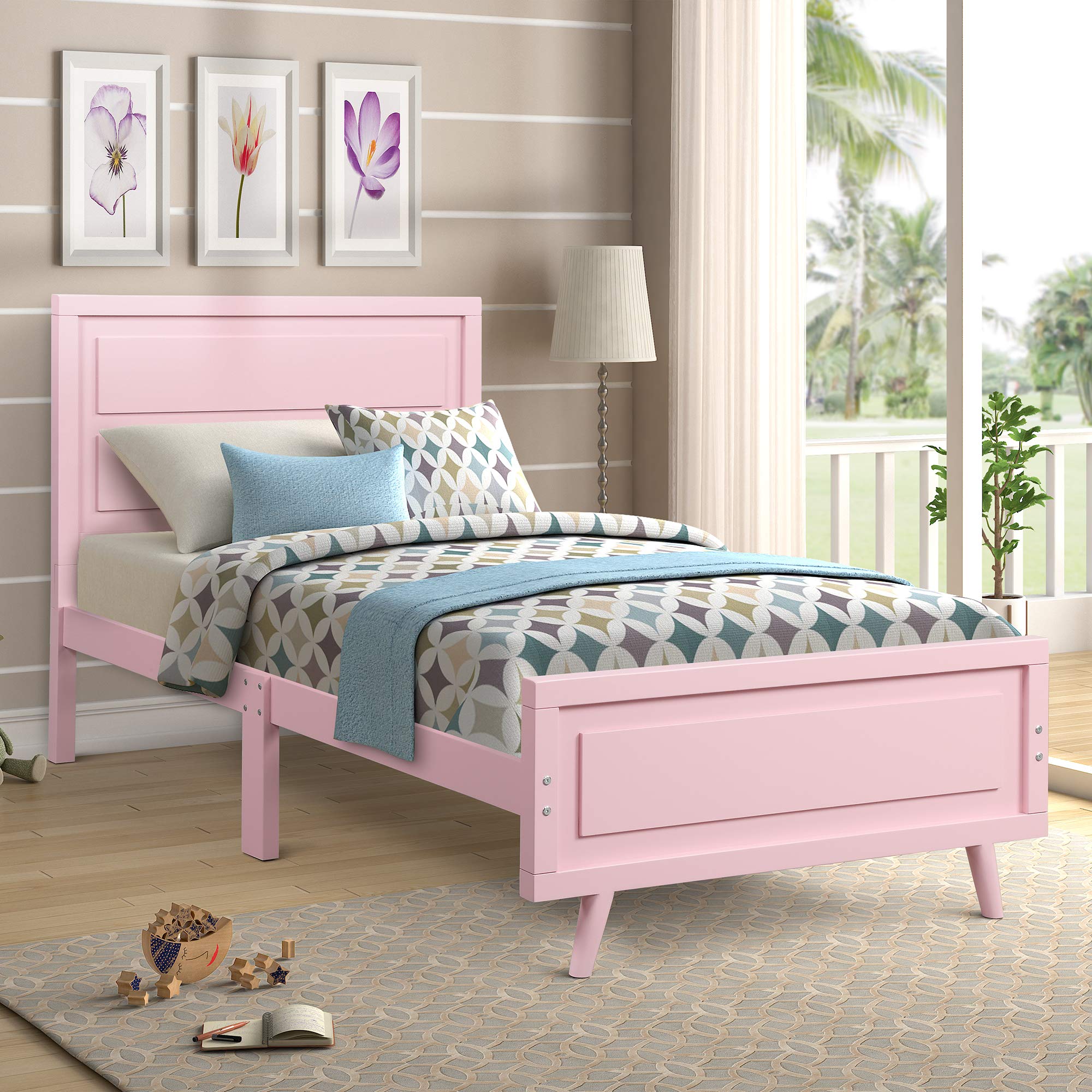 Twin Size Wooden Bed Frame with Headboard & Slat Support - No Box Spring Needed, Pink Platform Bed for Girls Room, Dorm, Guest Bedroom & Small Spaces