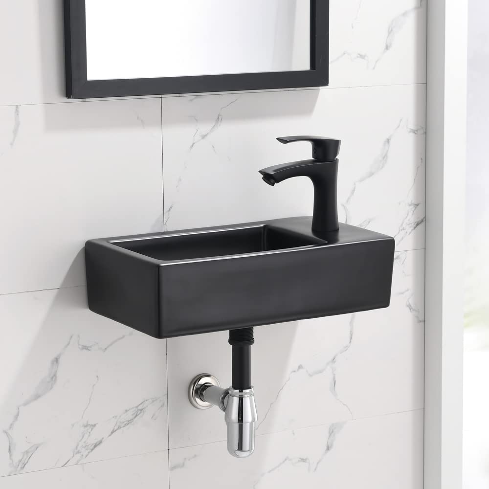 Bokaiya 18 Inch Wall Mount Corner Bathroom Sink with Faucet - Matte Black Porcelain Ceramic Floating Vessel Sink for Small Bathrooms, Cloakrooms & Powder Rooms - Includes Drain Combo (Right Hand Installation) - Perfect for Space-Saving Modern Bathroom Designs