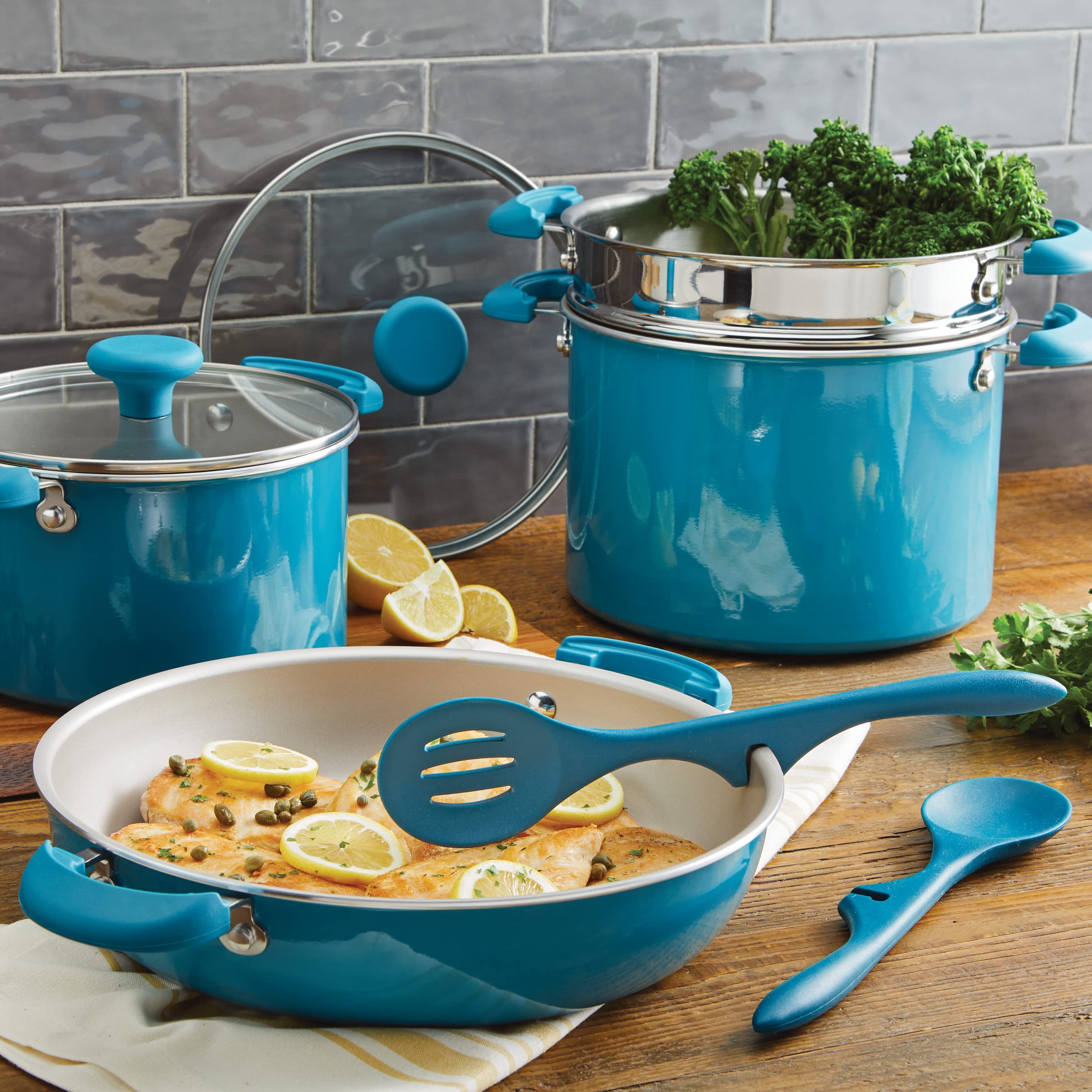 Rachael Ray Nonstick Cookware Set, 8-Piece Stackable Pots and Pans - Turquoise | Durable & Easy Clean for Everyday Cooking, Baking & Meal Prep
