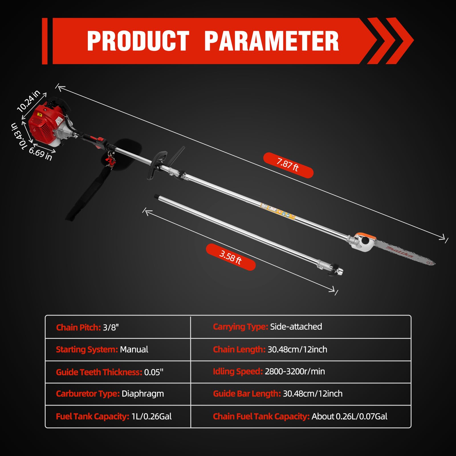 42.7CC 2-Stroke Gas Pole Saw Chainsaw - 12