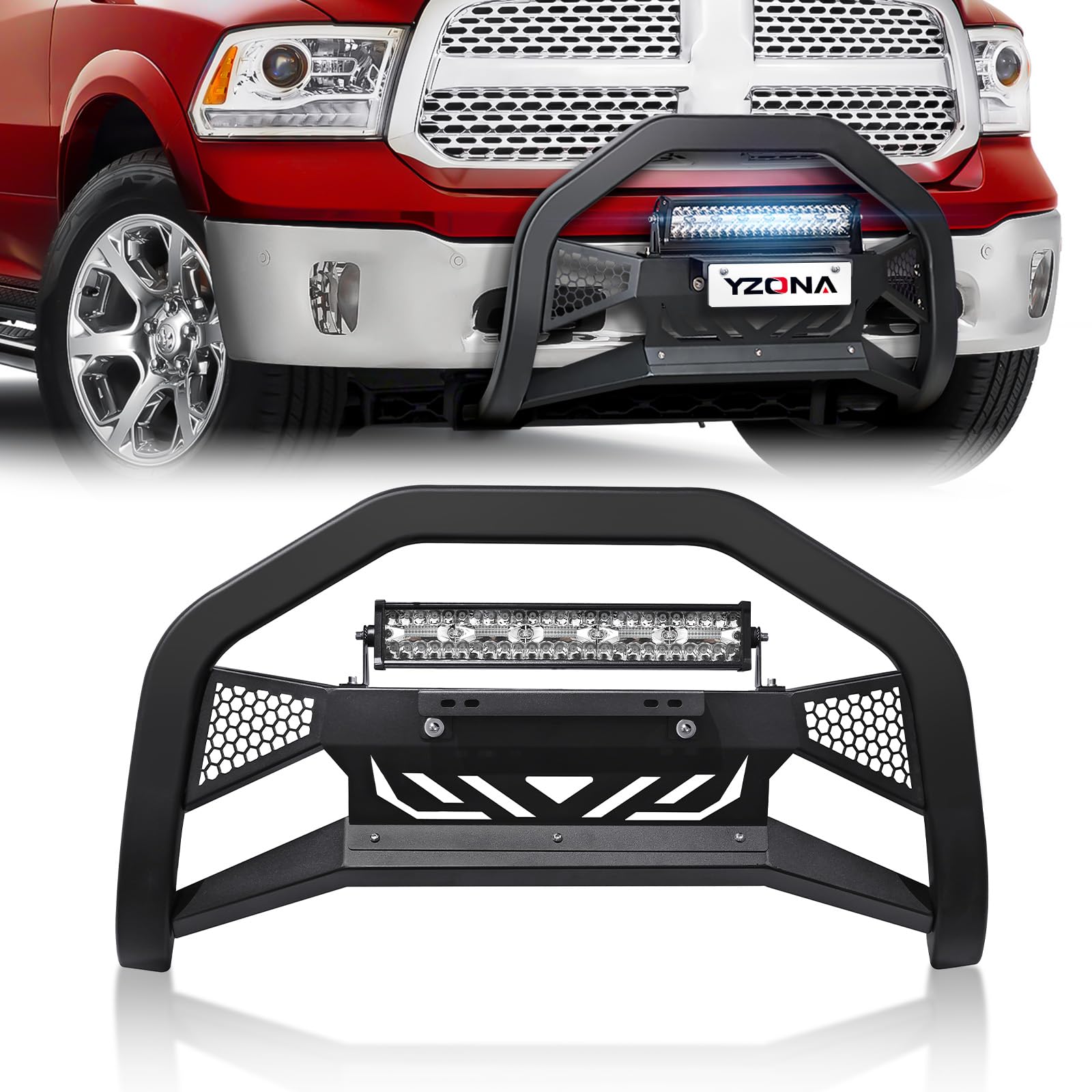 Heavy Duty Front Bull Bar with License Plate Mount & LED Light Bar for 2009-2018 Dodge Ram 1500 & 2019-2024 Ram 1500 Classic (Excludes Rebel/Sport Models) | Grill Guard & Bumper Protection | Off-Road, Truck Accessories, Night Driving