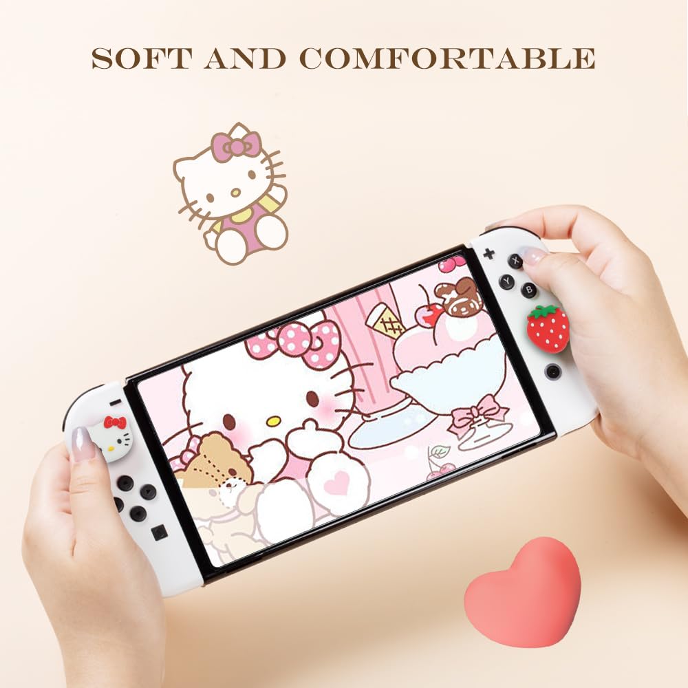 PERFECTSIGHT Switch Thumb Grips Caps - 4 PCS Cute Kitty Joystick Covers for Nintendo Switch Lite/OLED - Analog Stick Button Protectors for Joycon Controllers (Strawberry Design) | Enhance Gaming Comfort & Prevent Wear for Long Play Sessions