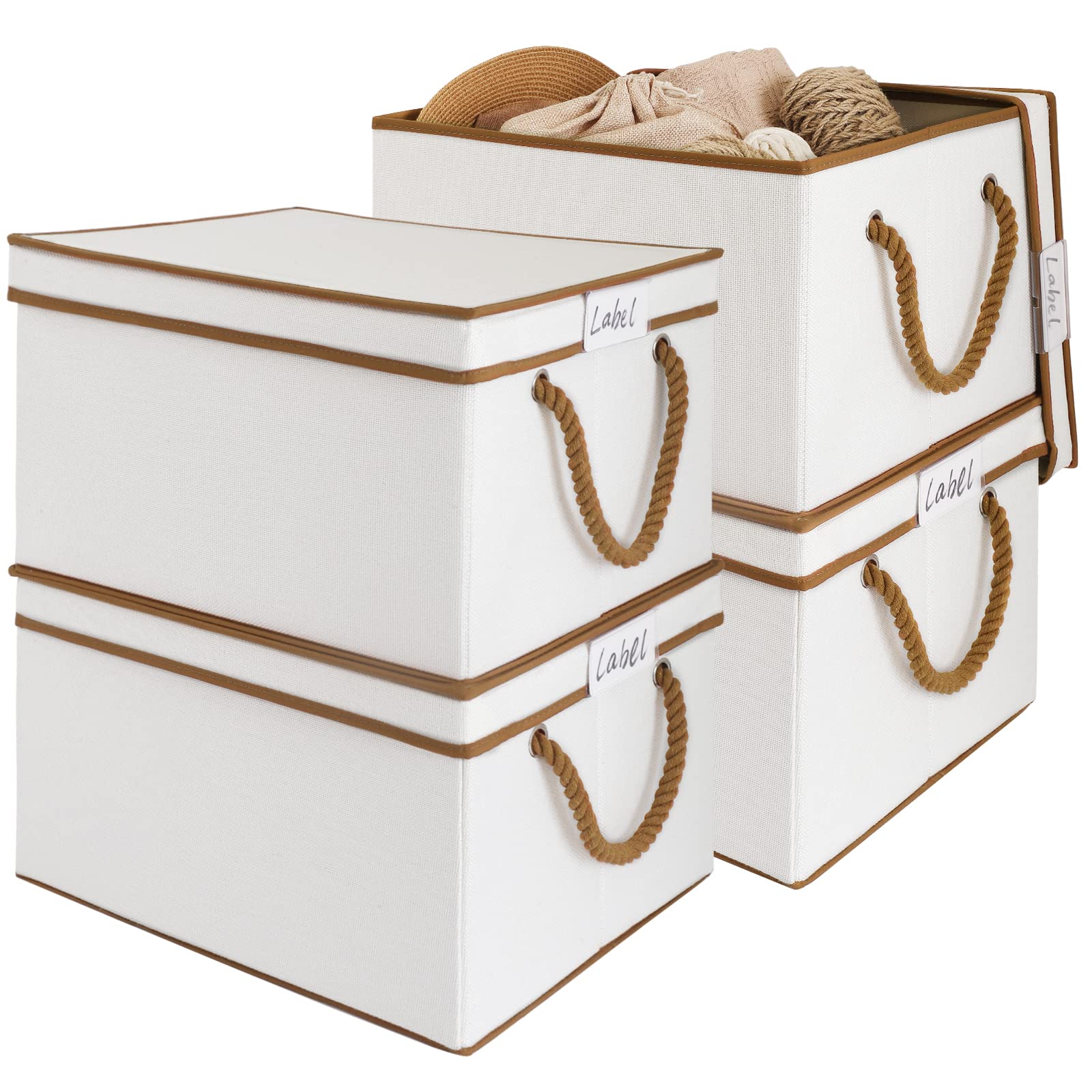 LoforHoney Foldable Fabric Storage Bins with Lids - 4-Pack XL Closet Organizer Boxes for Shelves, Clothes & Home Organization, Beige & Brown Cotton Rope Handles Baskets | Perfect for Bedroom, Nursery, Office & Laundry Room Storage