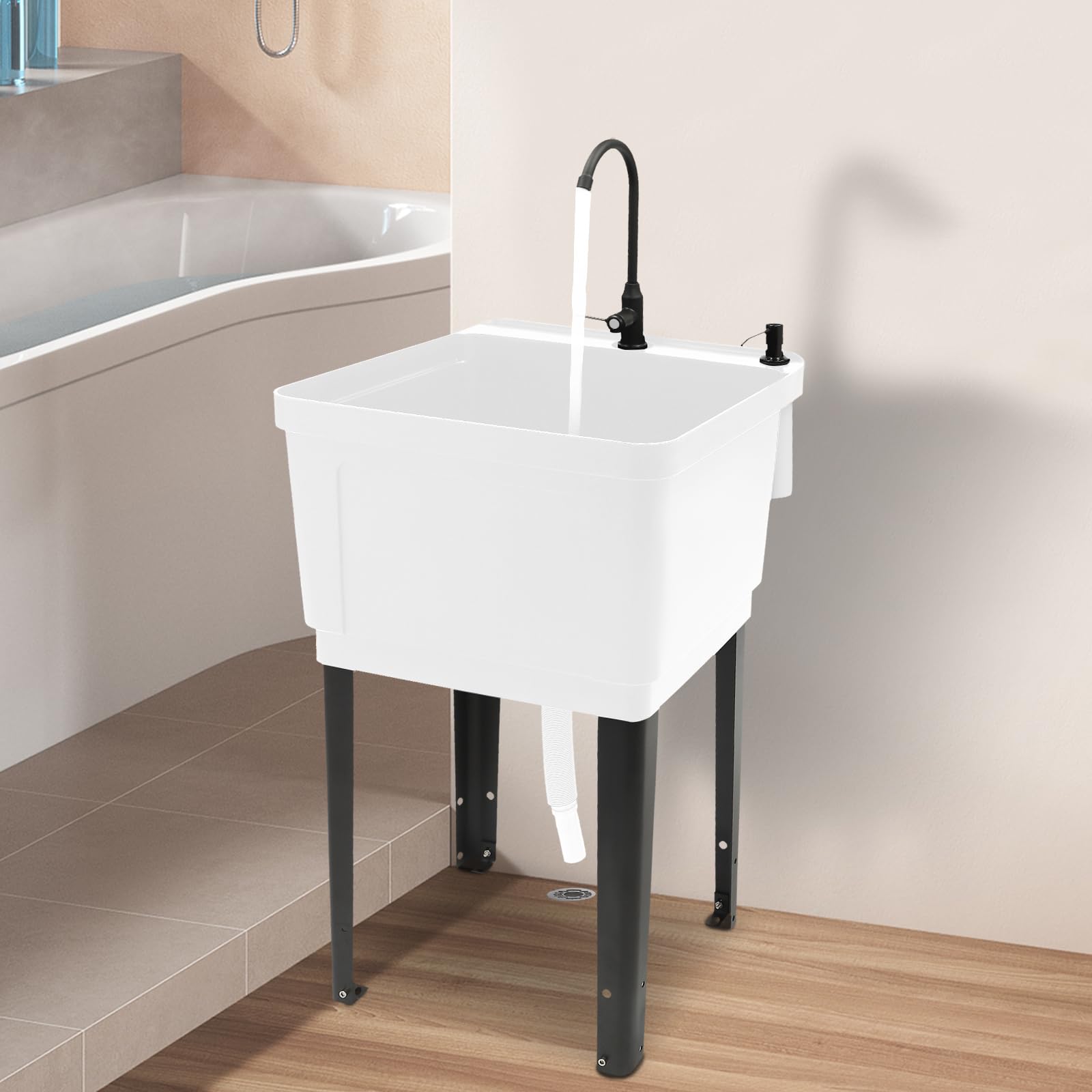 Space Saving Utility Sink with Rotatable Faucet & Soap Dispenser - Freestanding Laundry Tub for Washing Room, Basement, Garage or Workshop (White) - Perfect for Small Spaces, Hand Washing Clothes, and Cleaning Tools