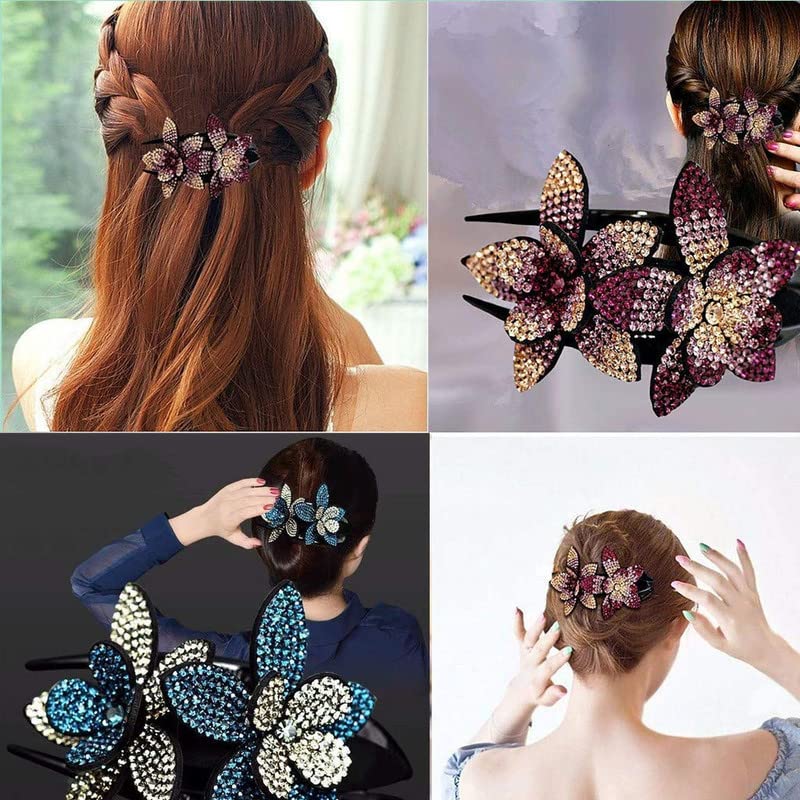 Elegant Rhinestone Hair Clip for Women - Double Flower Crystal Hairpin for Long Thick Hair | Party & Wedding Accessories