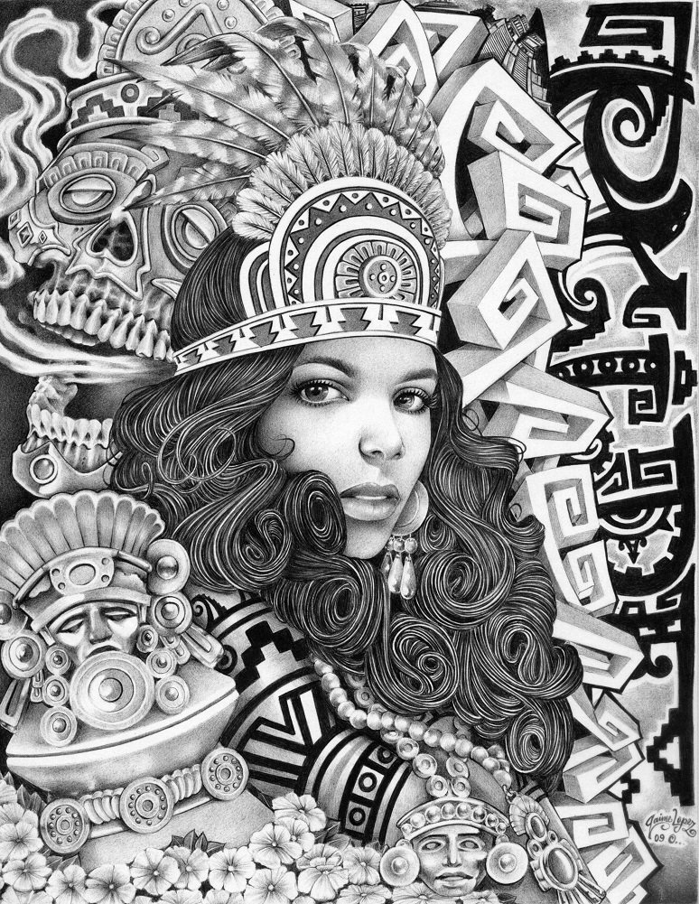 Aztec Girl by Mouse Lopez - Mexican Indian Black & White Ink Canvas Fine Art Print - Perfect for Home Decor, Office Wall Art & Cultural Gift Giving